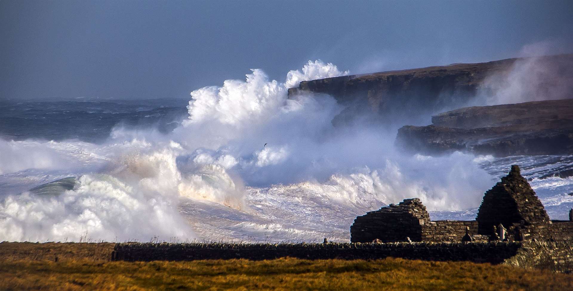 A wild day at Forss. Advice from the RNLI and HM Coastguard is to stay well back from stormy seas. Picture: Mel Roger