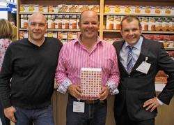 Pictured at the Speciality and Fine Food Fair at Olympia are Mark Dawkins, managing director of JME brand, with Graeme (left) and Gary Reid.