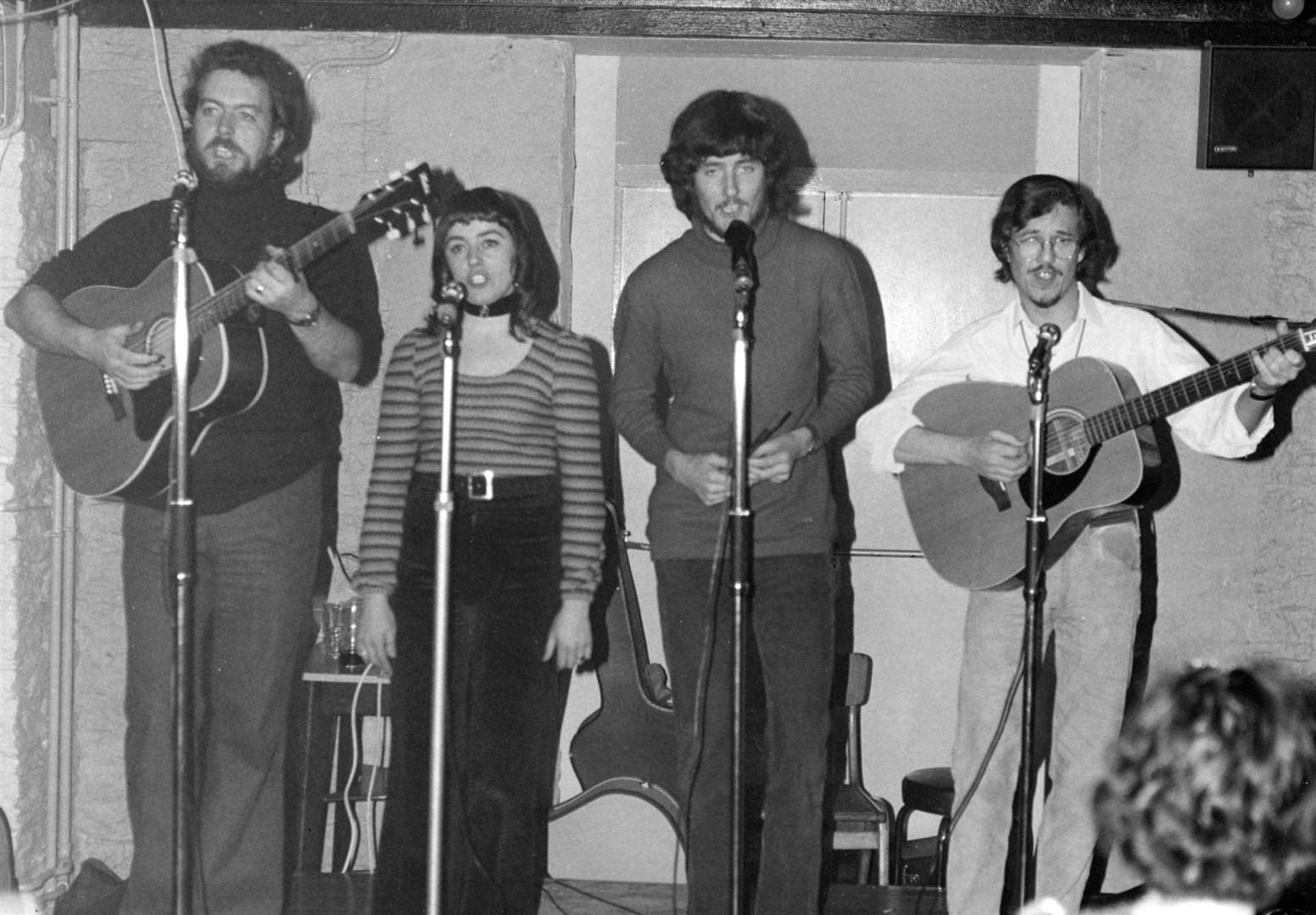 Mirk playing in the Barn at the Viewfirth folk festival in 1979 (Ian Sinclair, Margie Sinclair, Kevin Maclean, Ray Crompton). Jack Selby Collection / Thurso Heritage Society