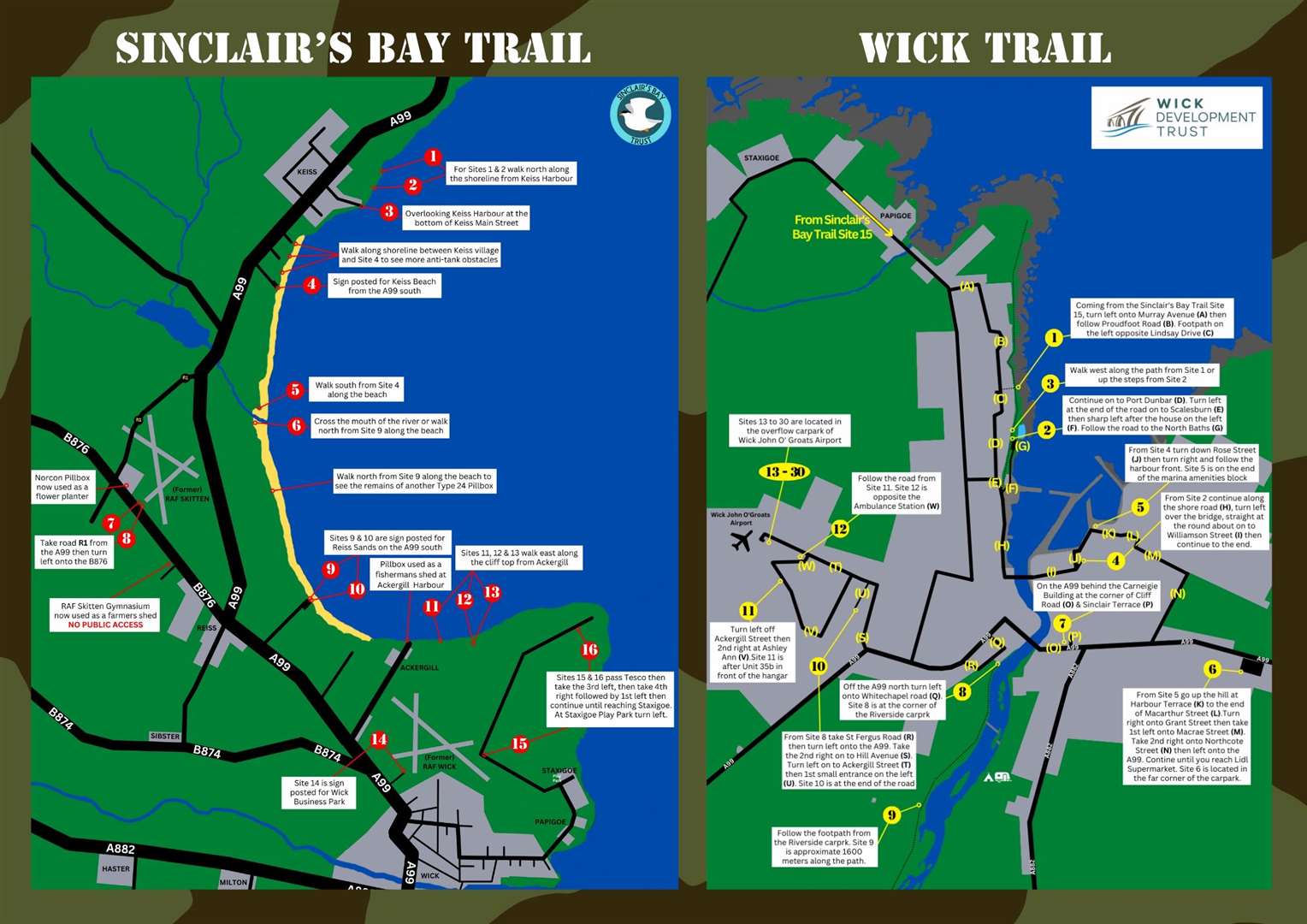 Maps for a leaflet showing the Caithness At War locations in Wick and around Sinclair’s Bay.