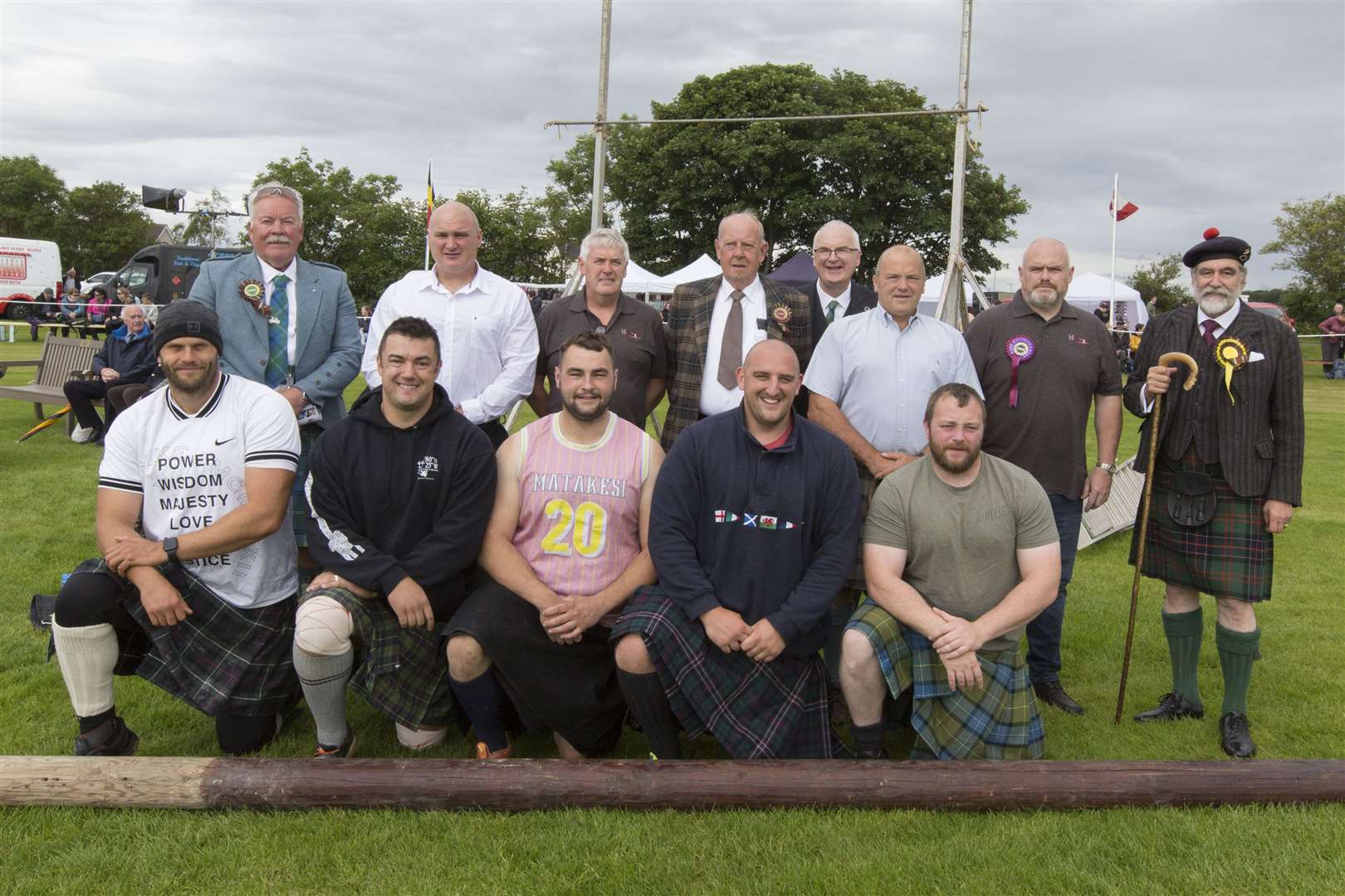 Halkirk Highland Games chieftain Lord Thurso (right) with the heavy athletes and officials. Picture: Robert MacDonald / Northern Studios