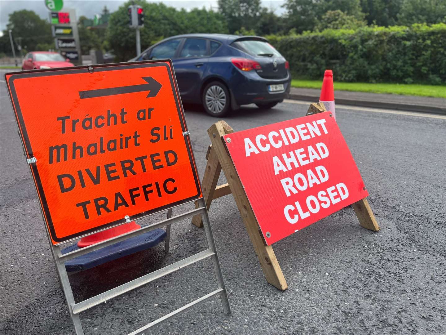 Road closure signs on the N54 outside Clones after the crash (Claudia Savage/PA)