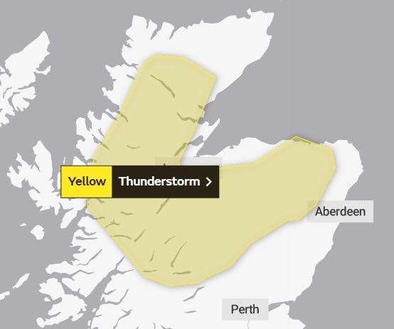 And the area covered by Monday's thunderstorm warning. Picture: Met Office.