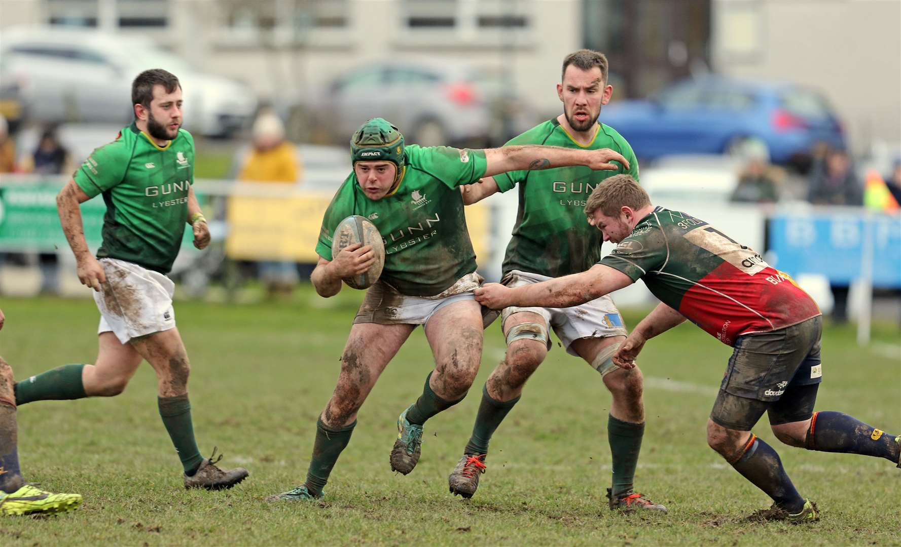 Caithness' Hamish Coghill breaks past Hillhead/Jordanhill prop Darryly Elvin. The 29-12 defeat inflicted on the Millbank side could be the Greens' final match of the season owing to the Coronavirus outbreak. Picture: James Gunn