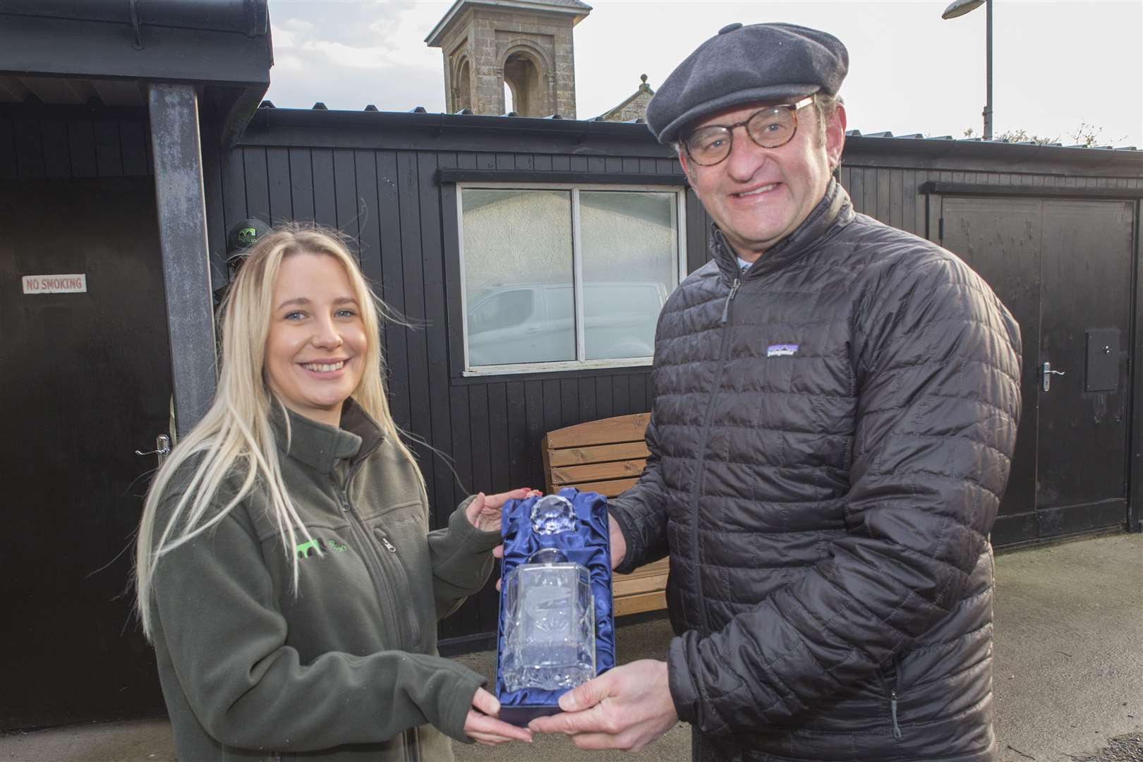 After officially opening the season on the River Thurso, Richard Medley from North Yorkshire is presented with an engraved decanter by Jessica Dreaves, the river's fishing co-ordinator. Picture: Robert MacDonald / Northern Studios