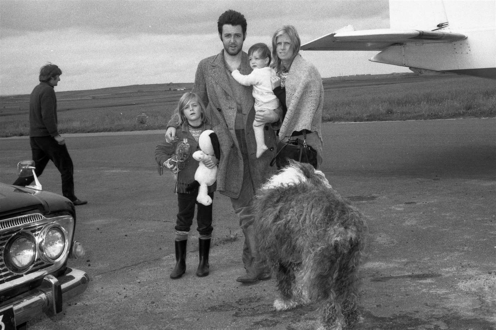 Paul McCartney along with his wife Linda and children Heather and Mary, and their dog Martha, arriving at Wick Airport on a Loganair flight from Shetland in 1970. Picture: Robert MacDonald / Northern Studios