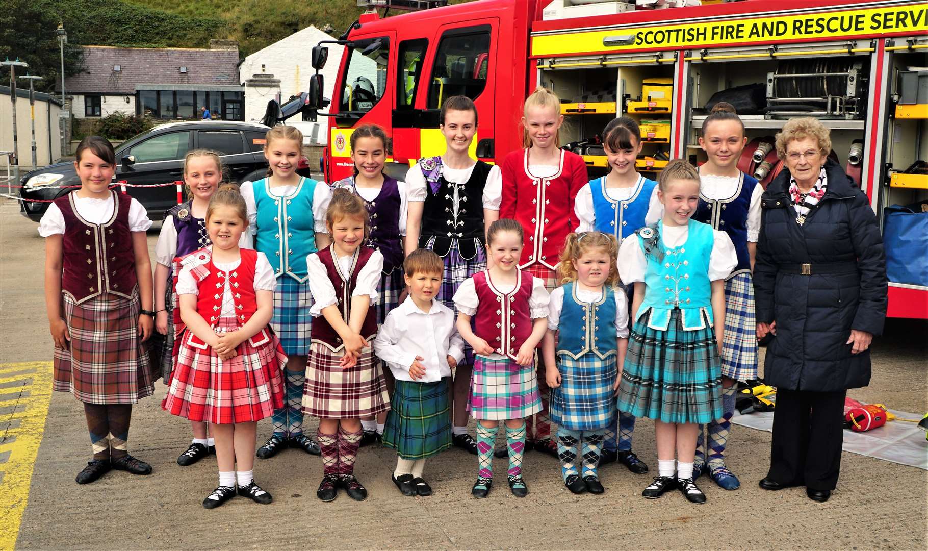 Mina Mackay, at extreme right, with her Highland dancing team at the Thurso Lifeboat Open Day held at Scrabster on Sunday. Picture: DGS
