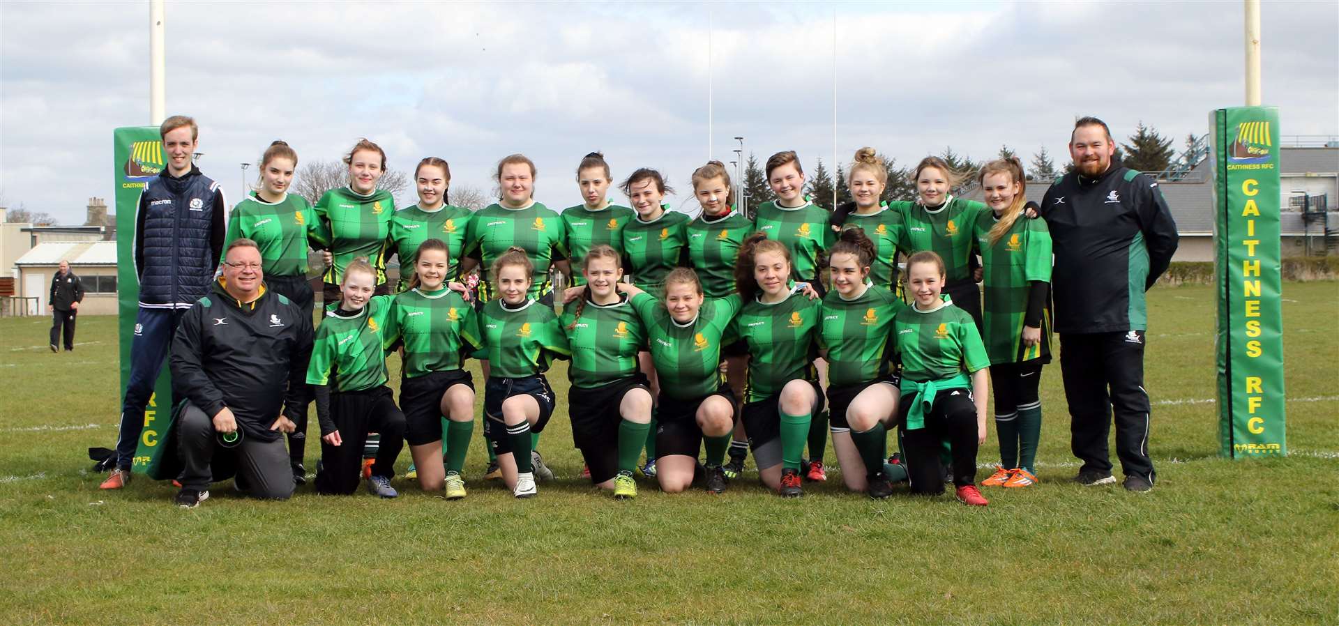 Caithness Girls U15 team celebrate their 64-5 National Cup semi-final win against Grampian at Millbank. Picture: James Gunn