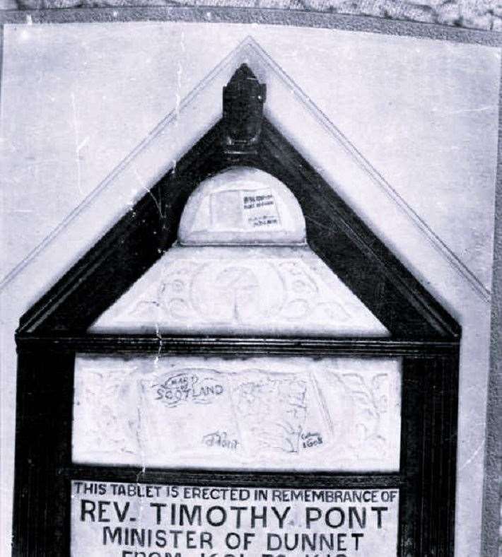A commemorative plaque erected in Dunnet church to the memory of Rev Timothy Pont.