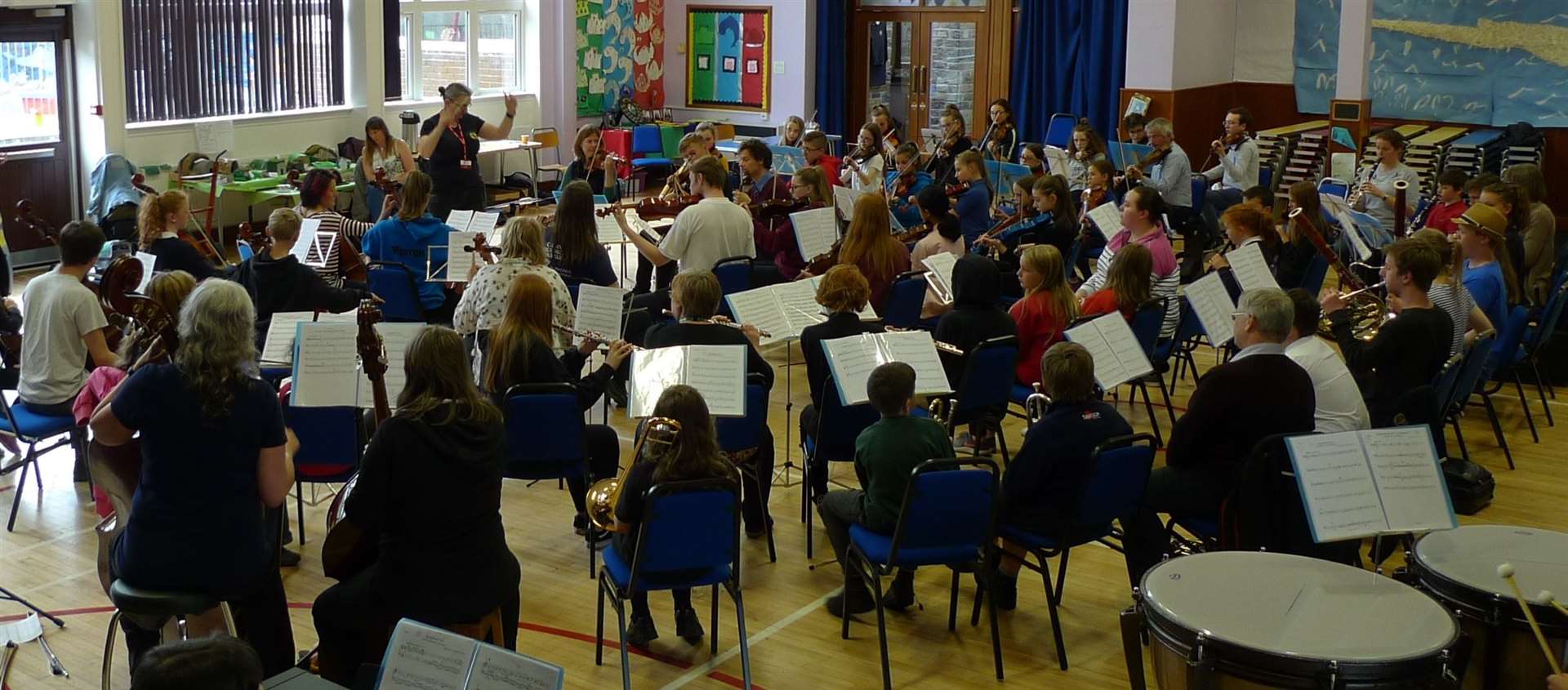 Scottish Chamber Orchestra musicians under the baton of Susie Dingle leading a Caithness schools orchestra workshop in Mount Pleasant Primary, Thurso, in 2018.