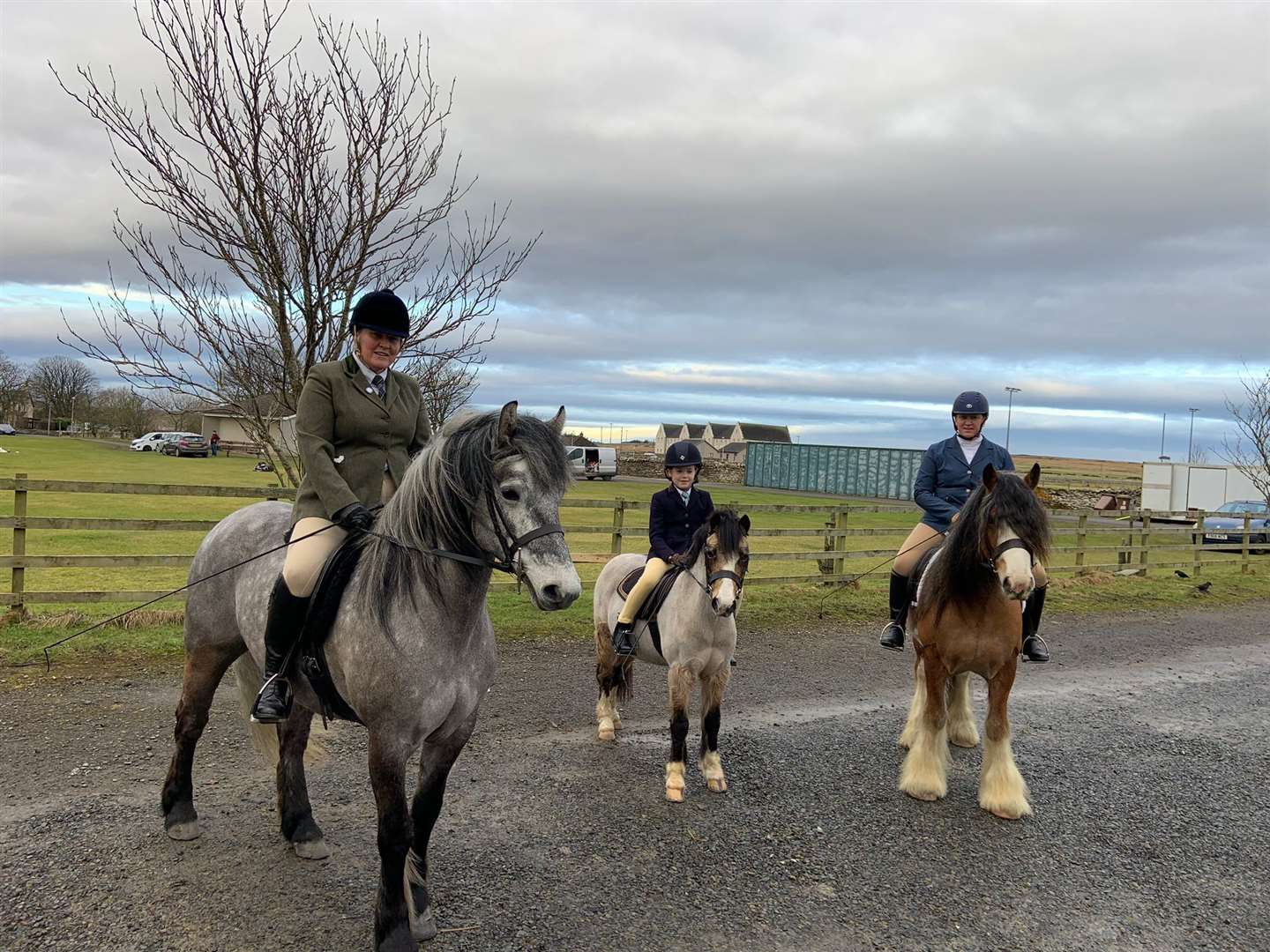 Some of the riders who took part in the intro tests. From left to right: Jacky MacMillan with Robyn, Rachel MacGregor riding Dandy, and Nicola Manson on Fox.