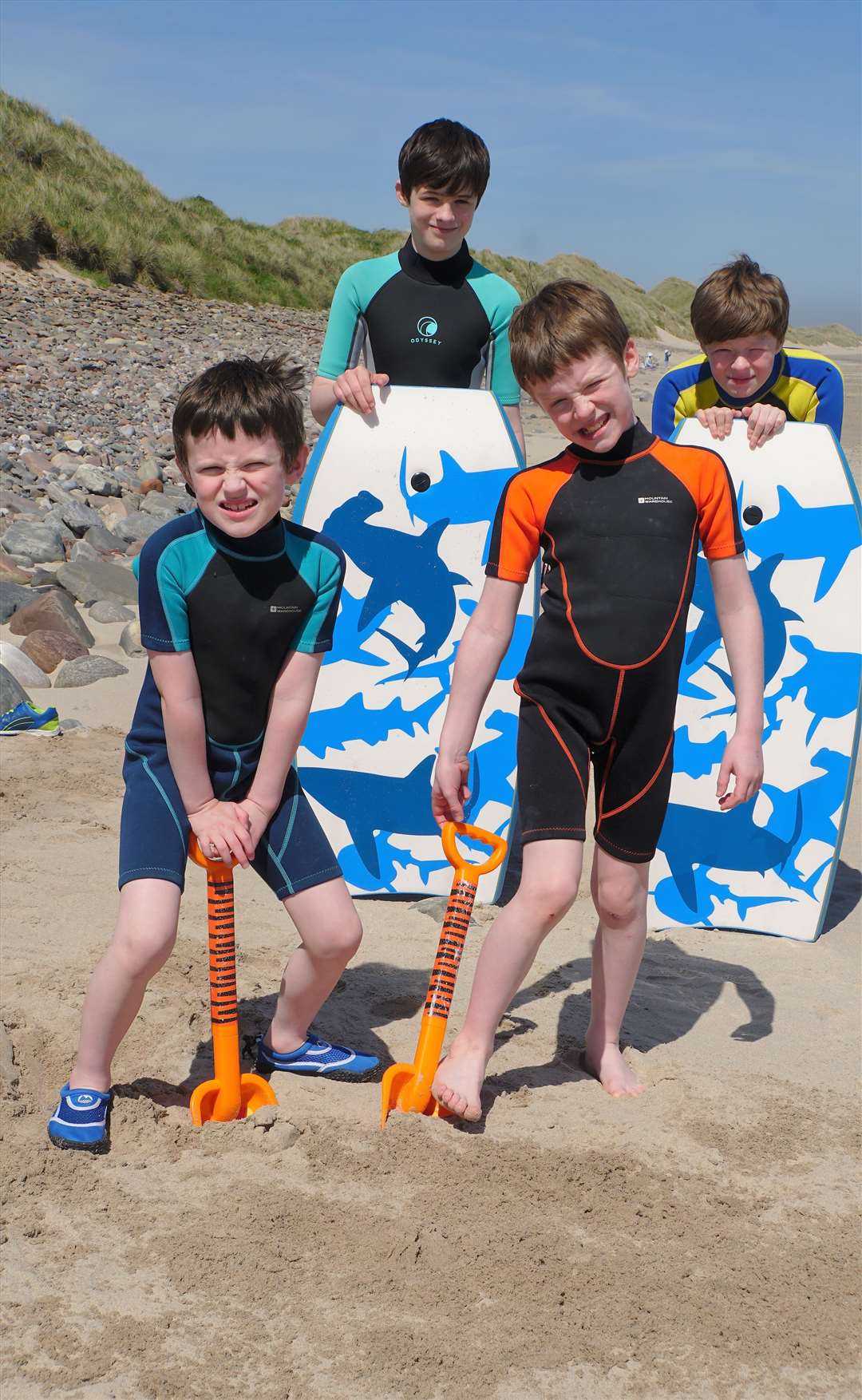 Front left: Theo and Celin and (back, from left) Aren and Calum. The boys were all delighted to be on the beach and enjoyed building sandcastles. Pictures: DGS