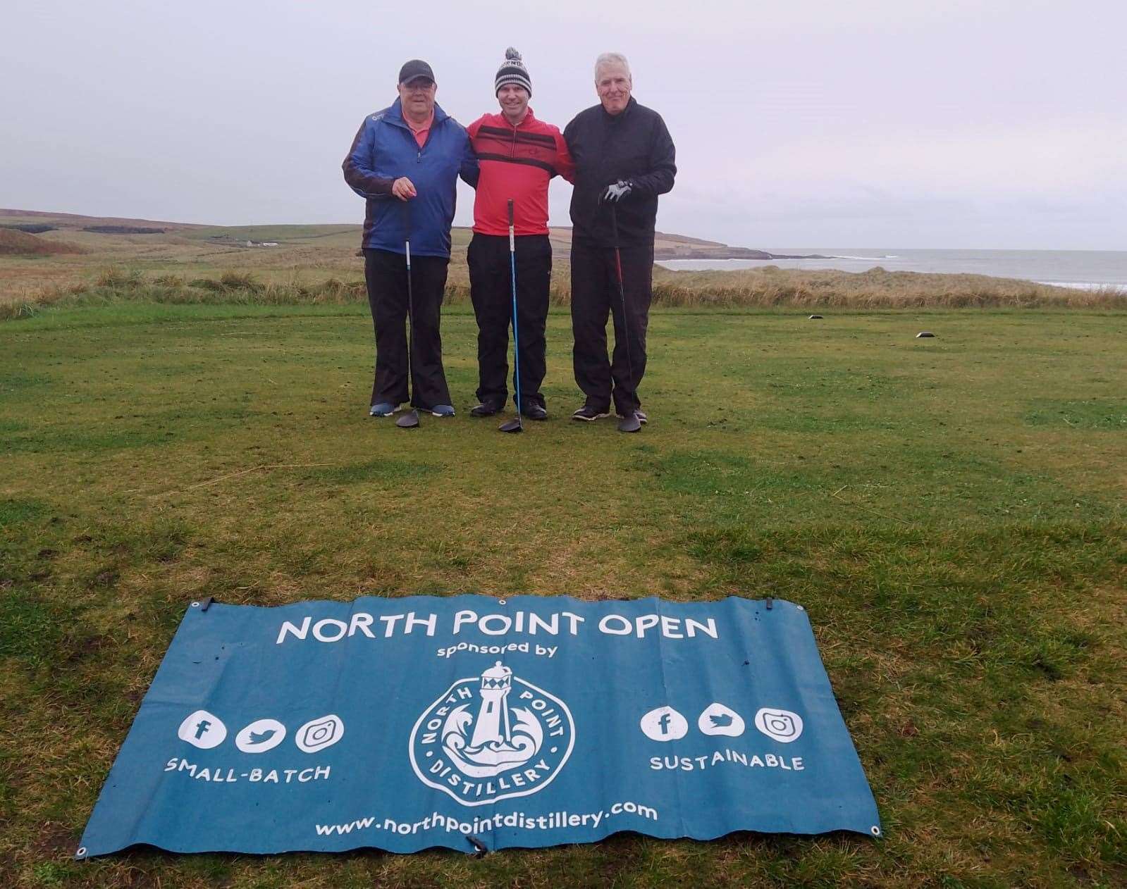From left: Mike Halliday, Colin Munro and Alex Anderson prior to teeing off in the North Point Distillery Open.