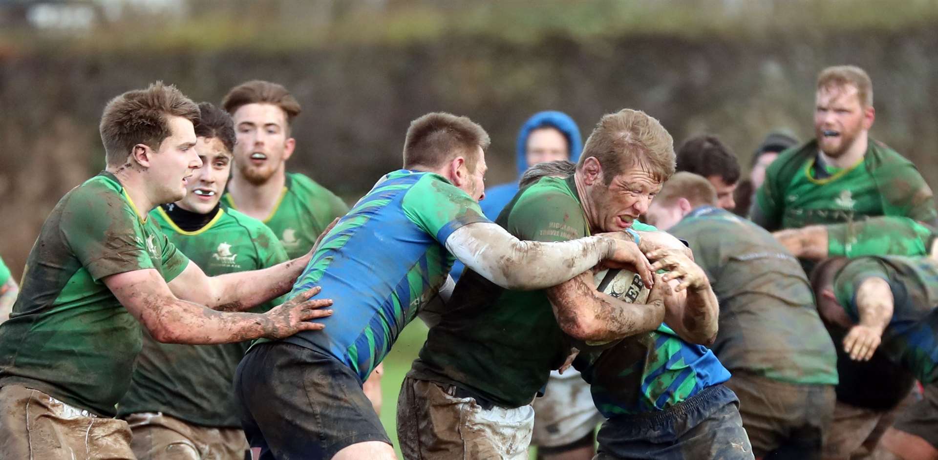 Evan Sutherland tries to force his way through during the Greens' recent 34-10 win against Aberdeen Wanderers at Millbank. Picture: James Gunn
