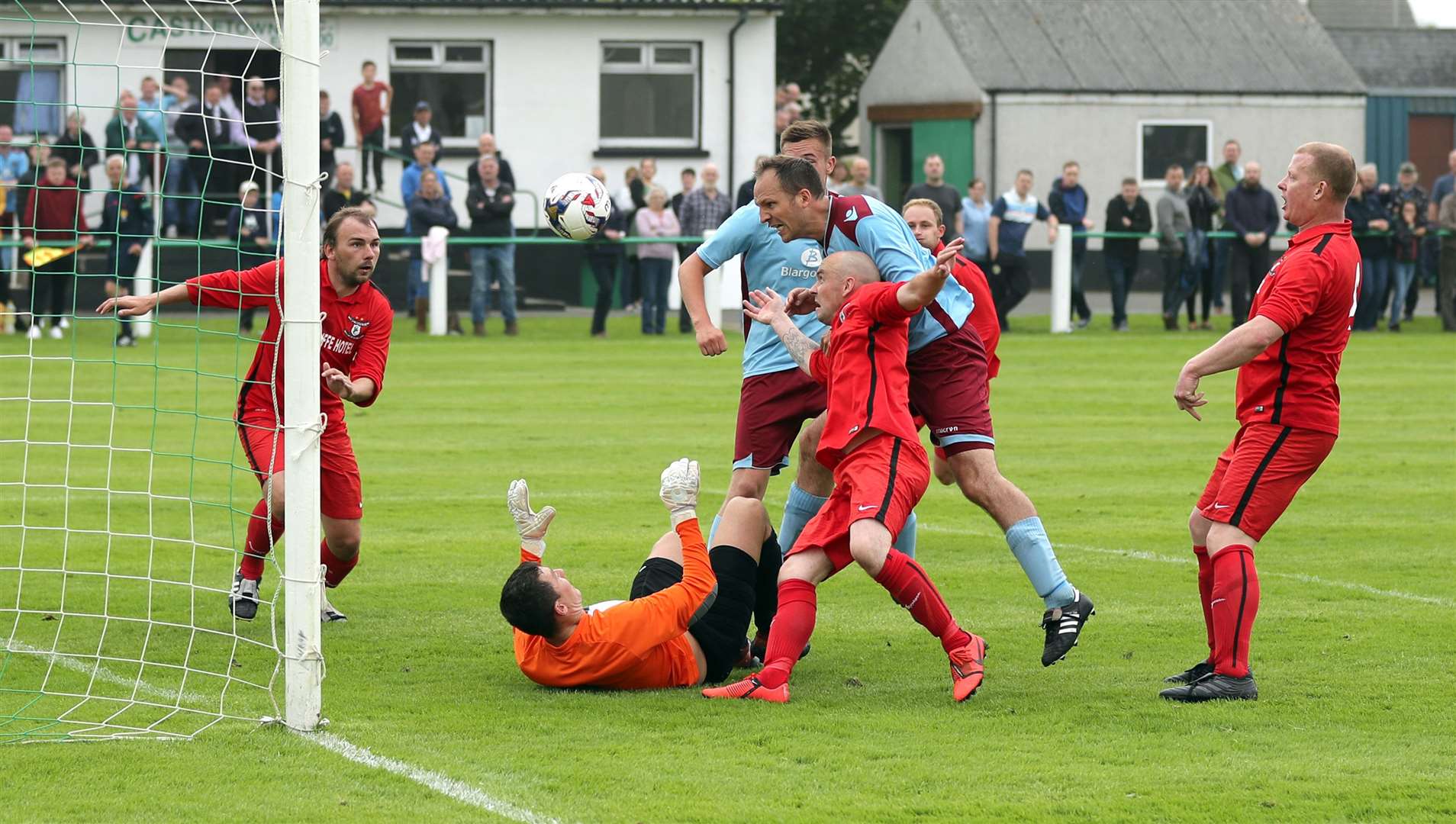 Shaun Forbes head in a dramatic 98th minute equaliser for Pentland United to make it 2-2 after being 2-0 down. However, their joy was short-lived as Wick Groats knocked them out 5-3 on penalties. Picture: James Gunn