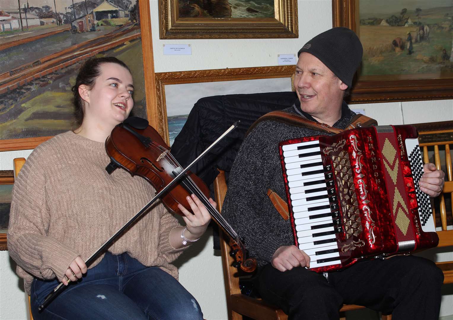 Addie Harper joined Andrea Cormack to play a few tunes during Wick Heritage Museum's New Year 2020 open day. Picture: Alan Hendry