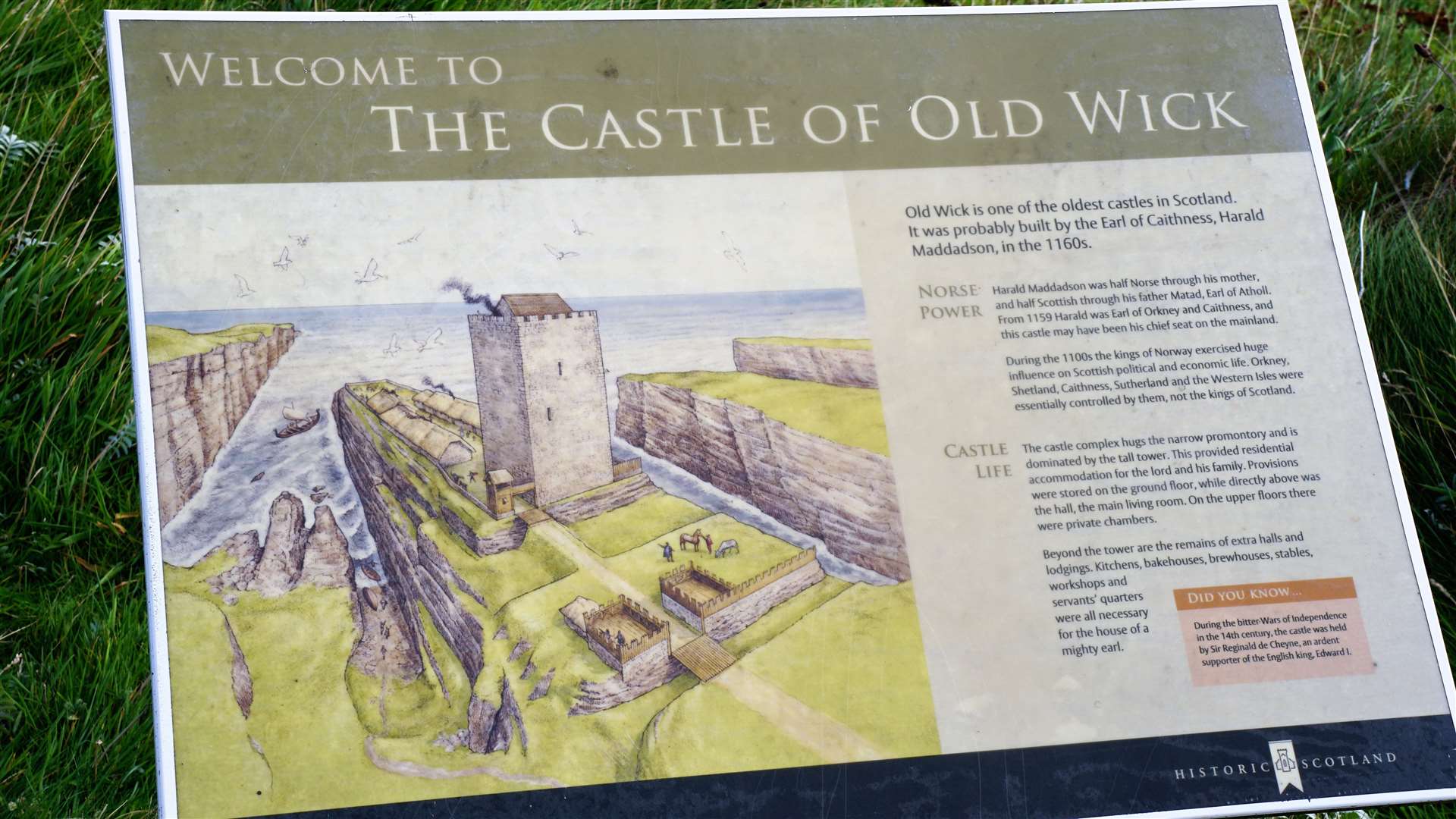 Information panel beside the Castle of Old Wick proclaims a 12th century provenance for the structure. Picture: DGS