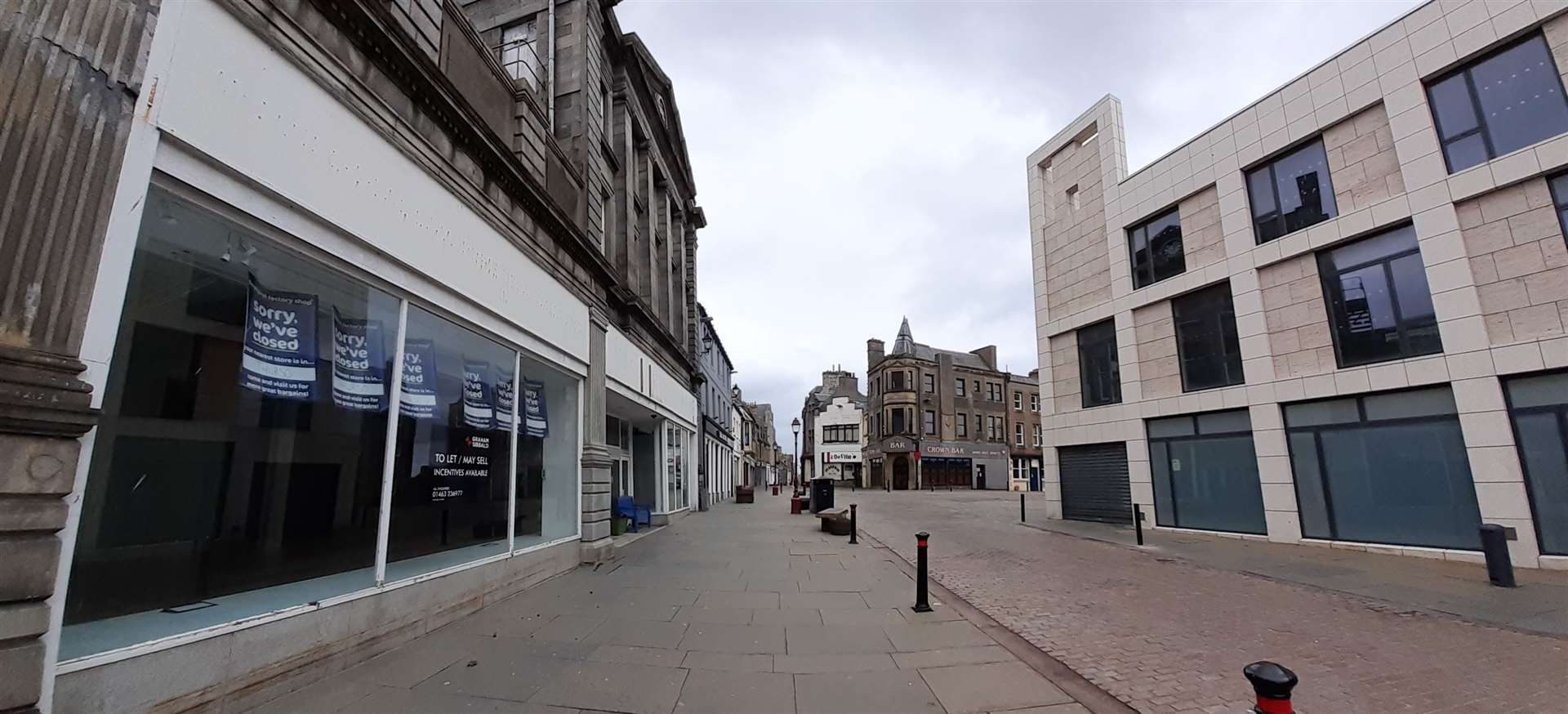 The eastern end of High Street in Wick, empty of people and vehicles during the coronavirus lockdown.
