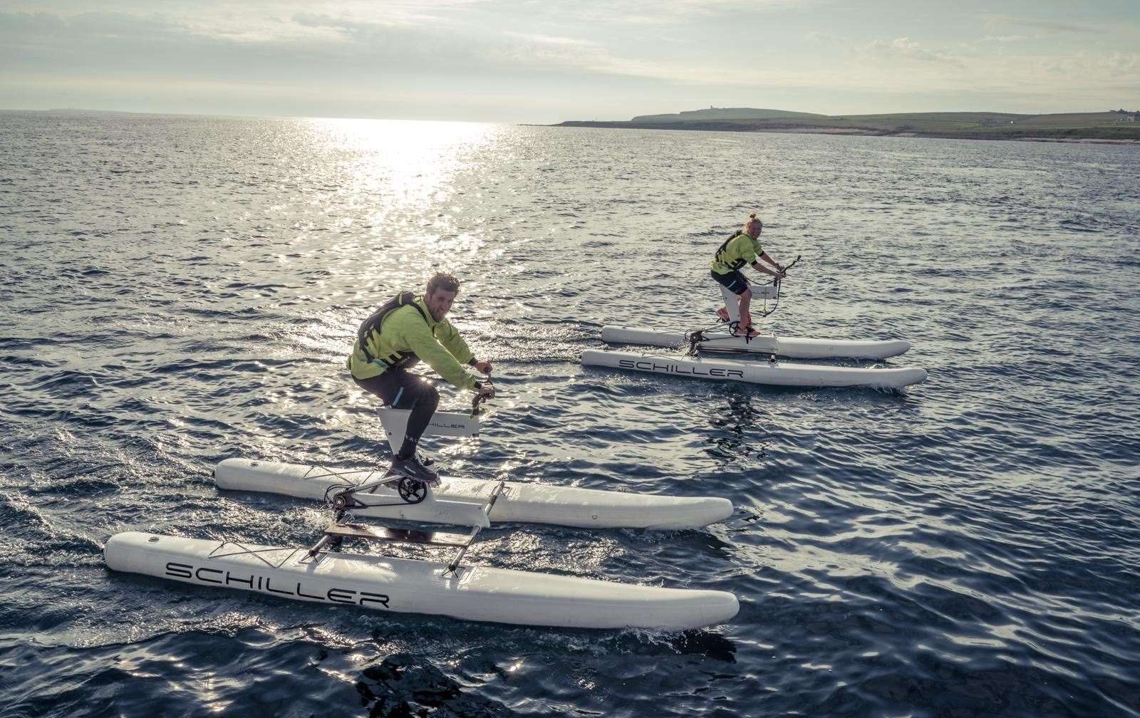 A five-strong Pedal 4 Parks team used water bikes to go from Orkney to Caithness on the first stage of an endurance challenge. Picture: Osprey Imagery