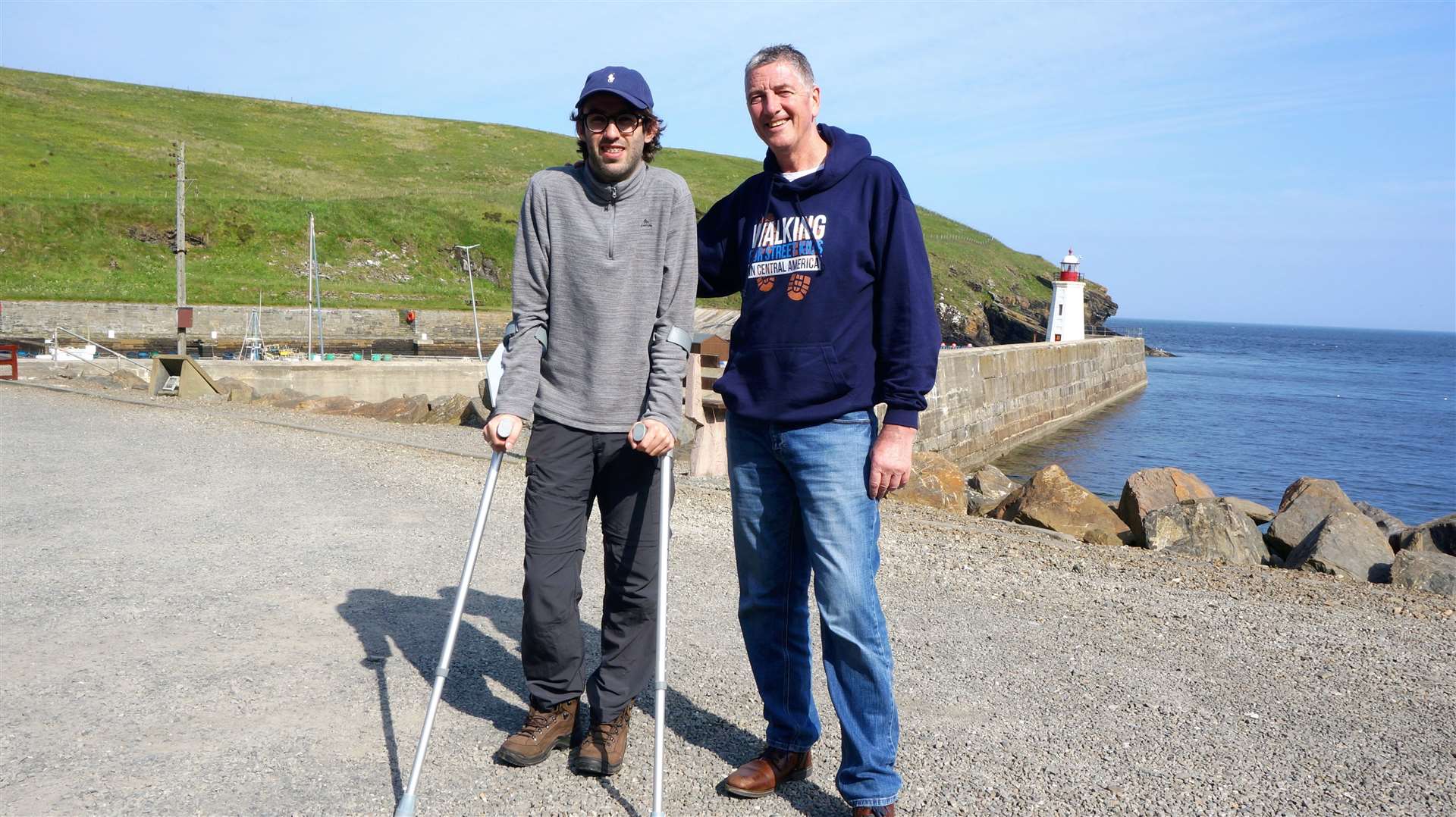 Joseph Soden, left, suffered an injury on the Lejog charity walk but his companion Duncan Dyason managed to continue. They were photographed in Lybster on Sunday and completed the walk the following day. Picture: DGS