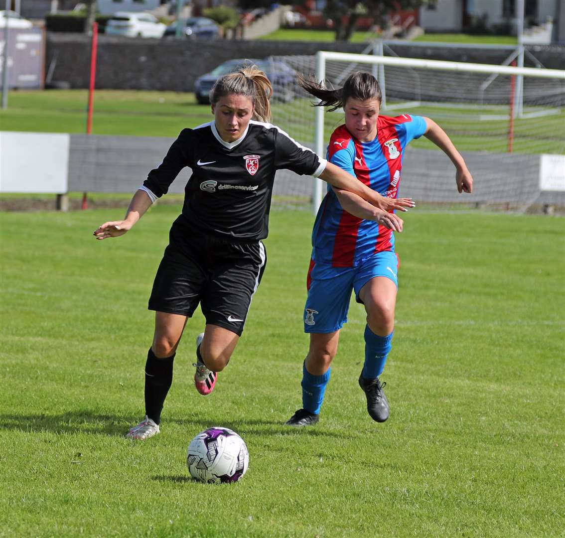 Caithness defender Sarah Henderson races clear of Maree Wood during a match against Inverness Caledonian Thistle Development earlier in the SWF Highlands and Islands League campaign. Picture: James Gunn