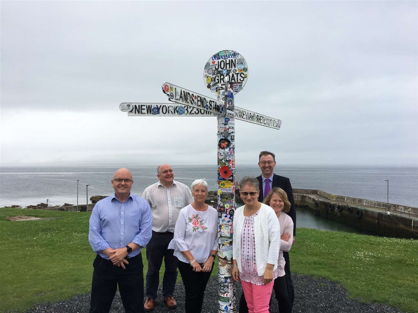 At the John O’Groats signpost during the tour of Caithness are (from left) Stuart Hamilton, business development specialist, Scottish Chambers of Commerce; Frazer Coupland, chief executive, Lochaber Chamber of Commerce; Val Russell, chief executive, Ayrshire Chamber of Commerce, and chair of the chief executives forum; Trudy Morris, chief executive, Caithness Chamber of Commerce; Fiona Levack, business development manager, Caithness Chamber of Commerce; and Stewart Nicol, chief executive, Inverness Chamber of Commerce.