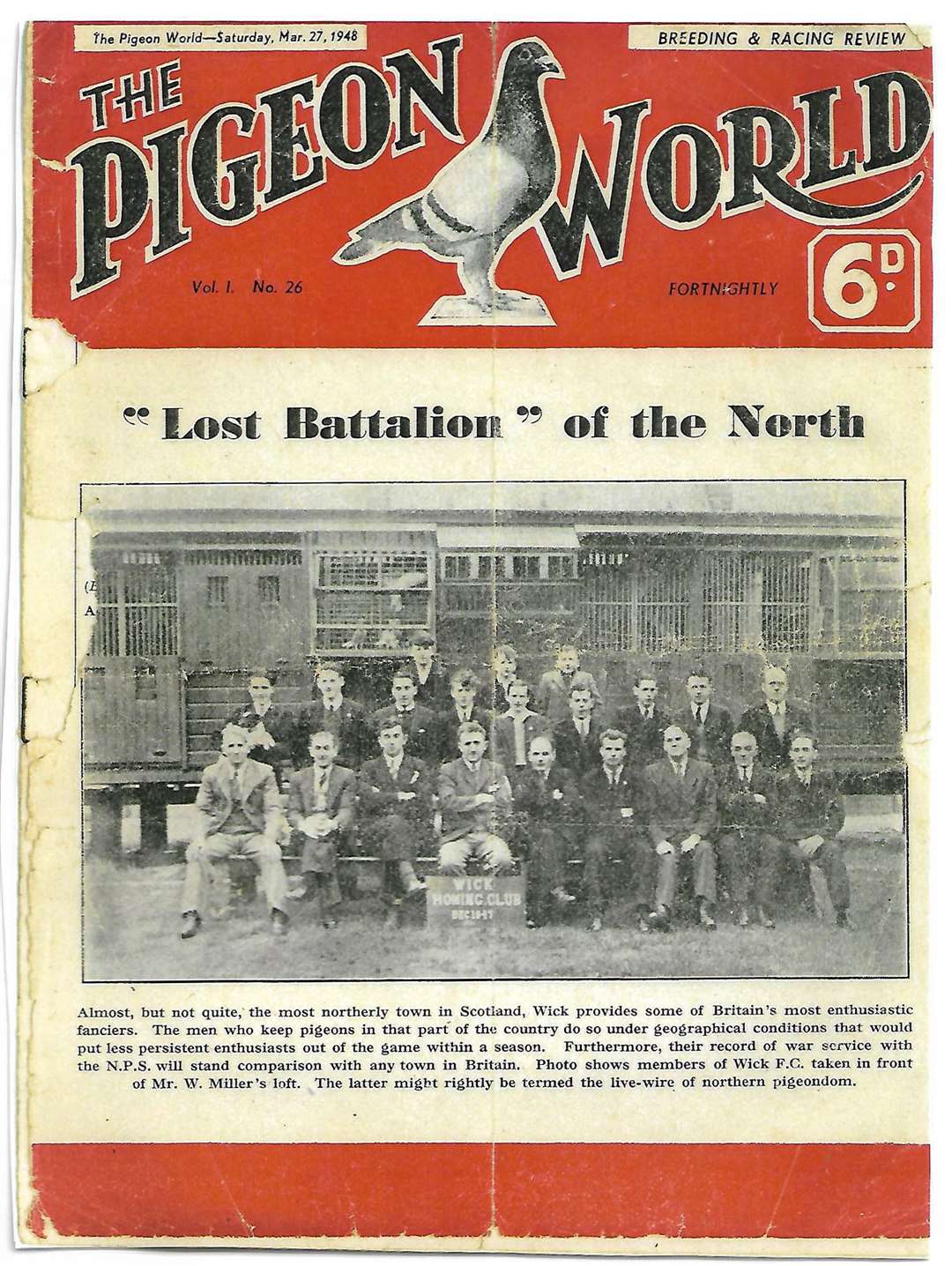 An edition of Pigeon World magazine from 1948 featuring members of Wick Homing Club in front of William Miller's loft.