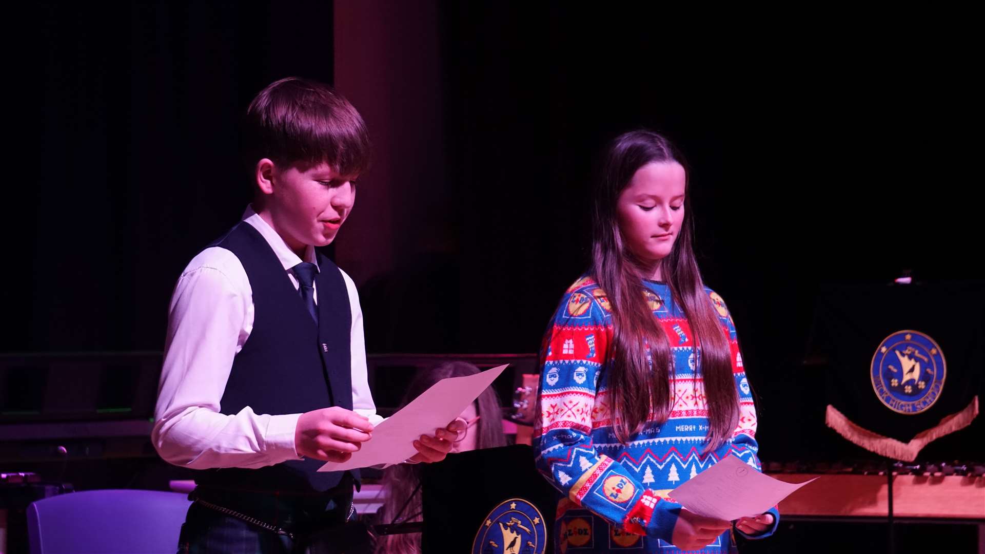 Lucy Thain, S2 and Andrew Sinclair, S3 hosted the evening and had some good Christmas cracker style jokes as well. Picture: DGS