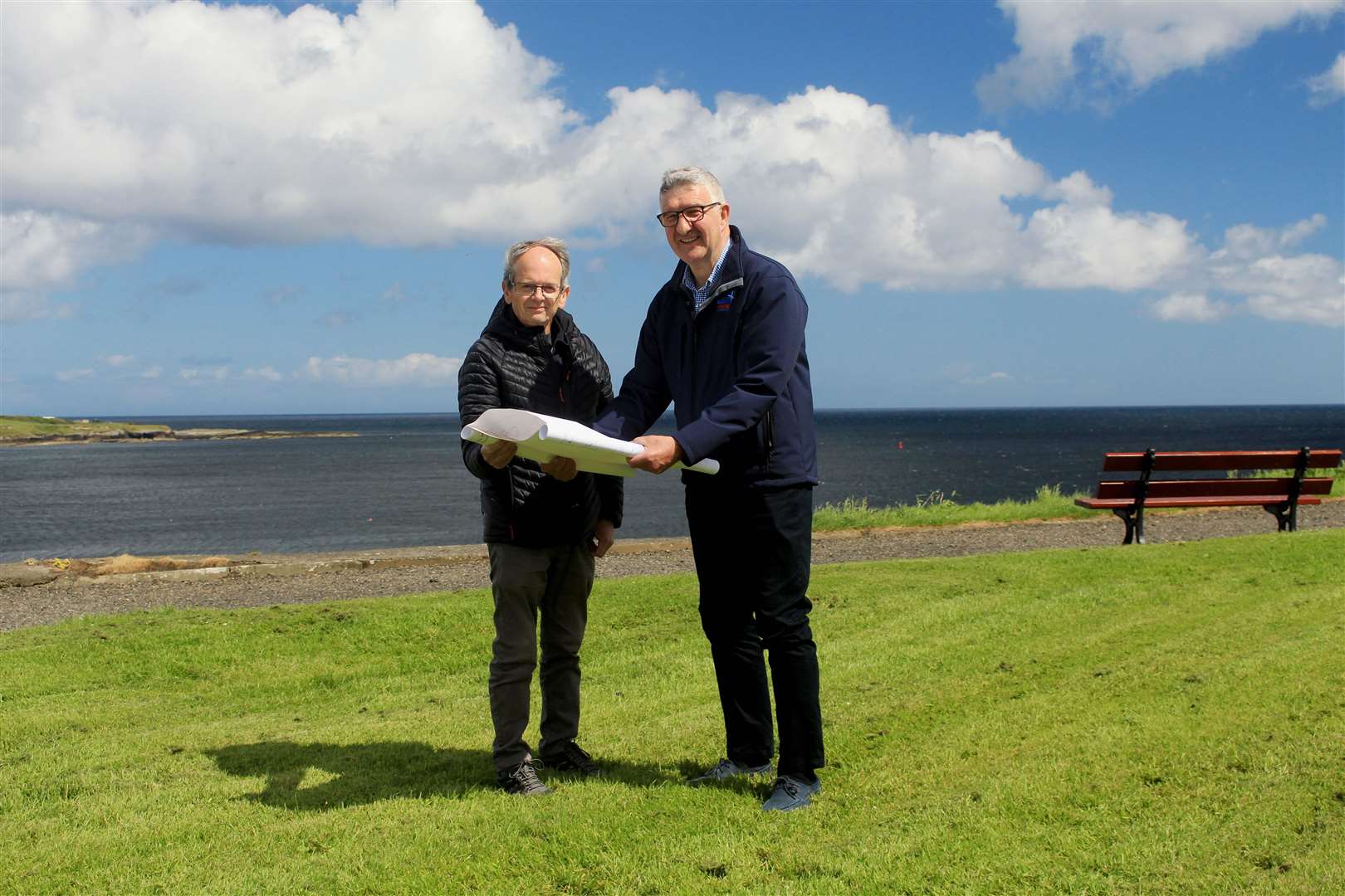 John Bogle (left) and Willie Watt of the Seafarers Memorial Group at the site chosen for the sculpture at the town's Braehead. Picture: Alan Hendry