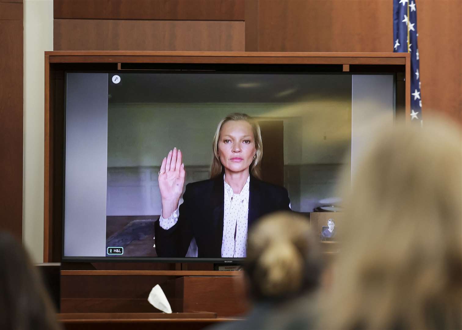 British supermodel Kate Moss is one of the final witnesses to be called to give evidence and testified remotely from Gloucestershire, in England (Evelyn Hockstein/AP)