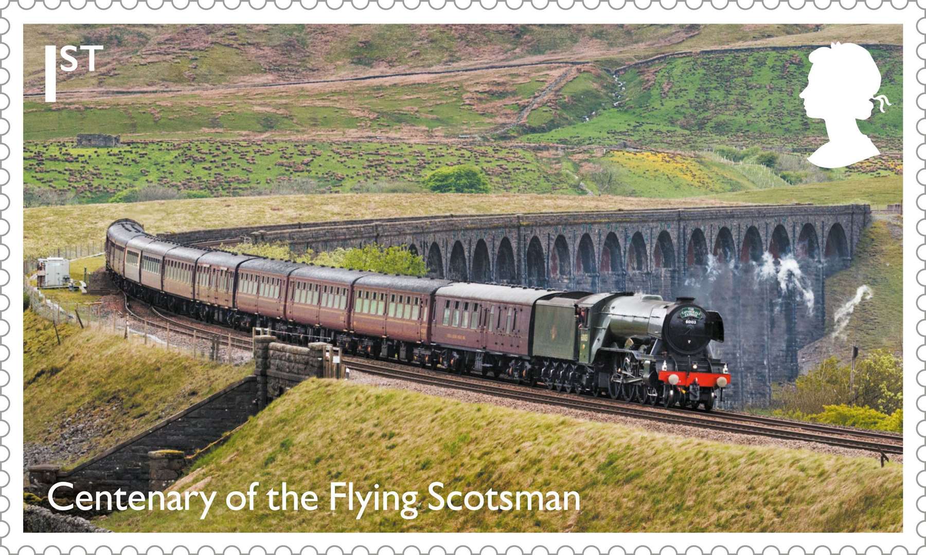 One of 12 new stamps to mark the 100th anniversary of the Flying Scotsman – the final set of stamps to feature late Queen Elizabeth II’s silhouette (Royal Mail/PA)