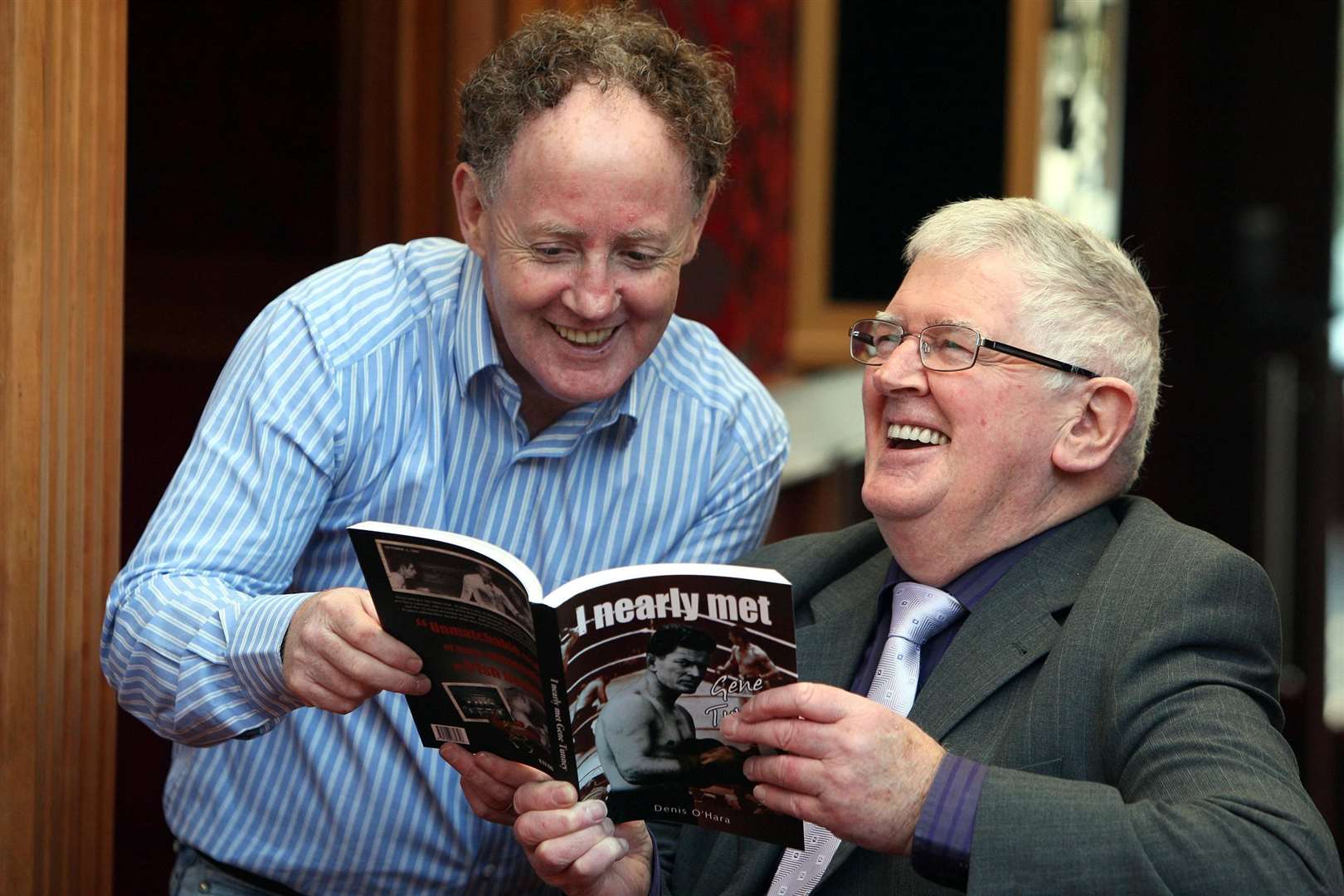 Author Denis O’Hara (right) at the launch of his new book ‘I nearly met Gene Tunney’ at the Balmoral hotel in Belfast, with Hugh Russell, former undefeated British Flyweight champion (left) (Paul Faith/PA)