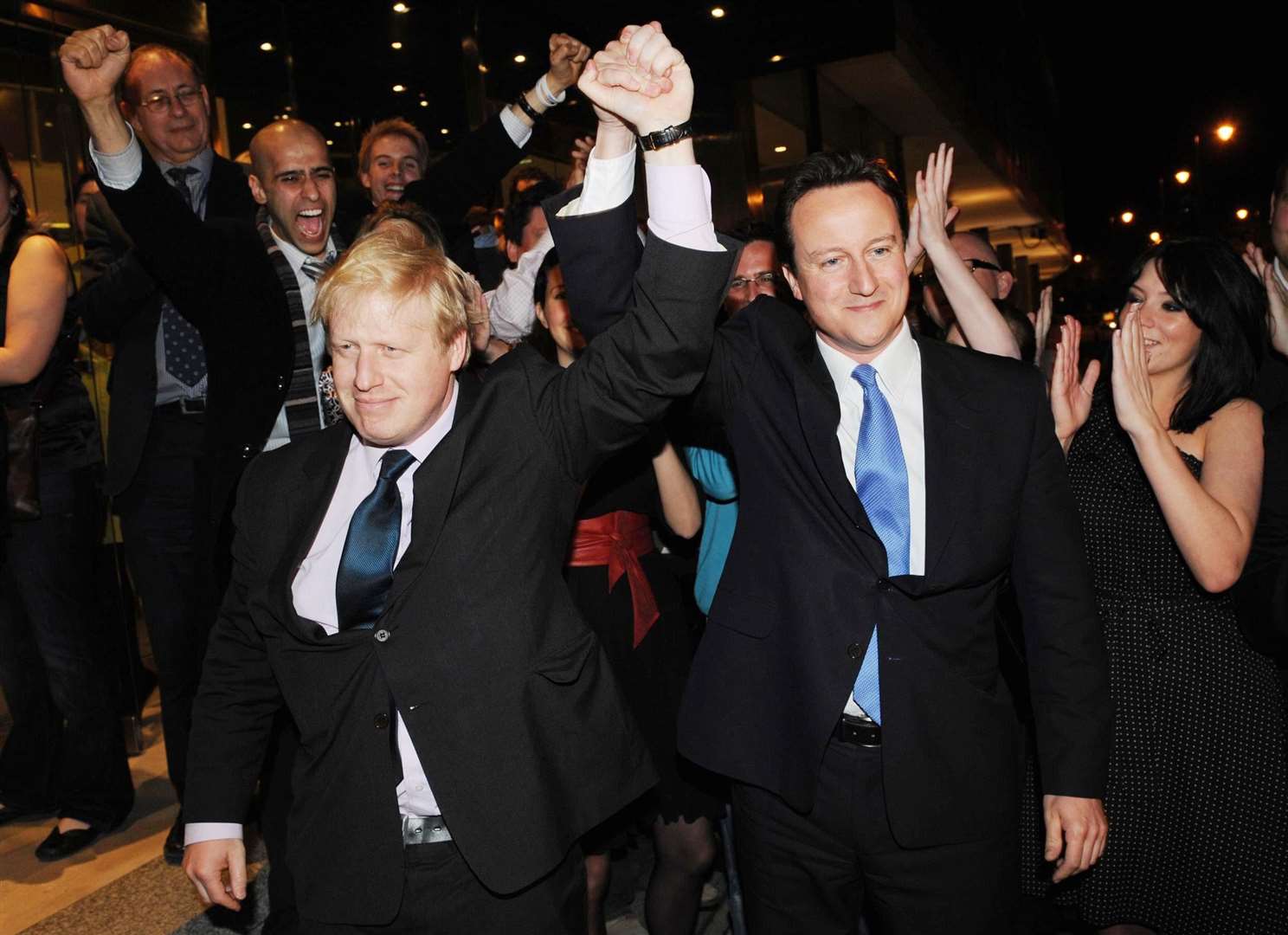 Conservative Party leader David Cameron congratulates Boris Johnson on becoming London Mayor in 2008 (Stefan Rousseau/PA)