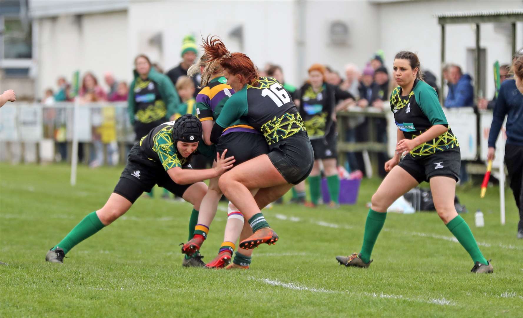Chloe Mackay and Ellie Anderson tackle Cartha's winger. Picture: James Gunn