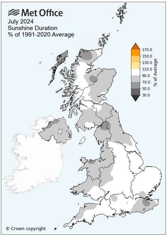 The distribution of sunshine during the month of July. Picture: Met Office.