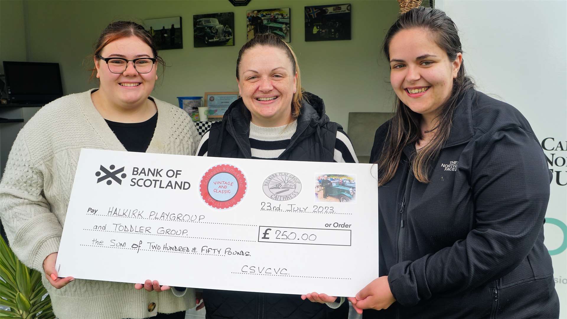 From left, Emma Manson, Gemma Green and Nicola Calder from the Halkirk Playgroup/Nursery and Toddler Group received a cheque for £250 from the vintage vehicle club. Picture: DGS