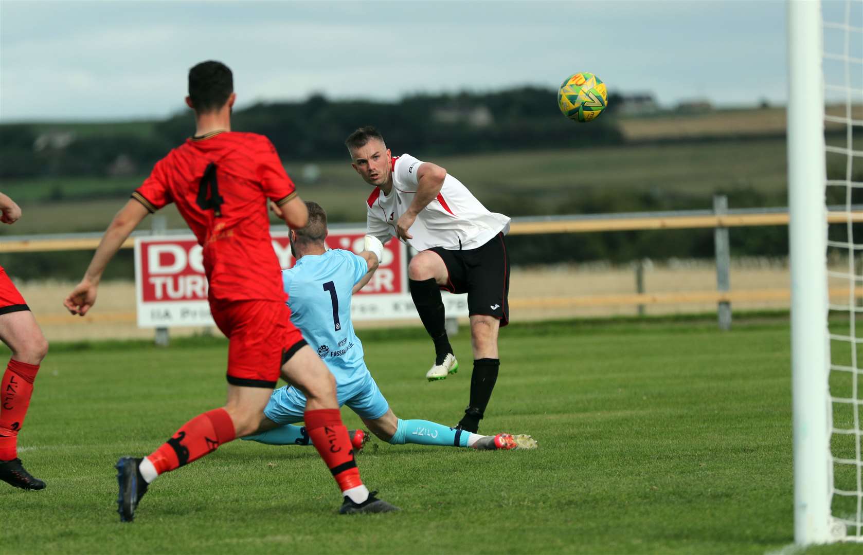 John Budge's shot is saved by Loch Ness keeper Ryan Hunter late in the game. Picture: James Gunn