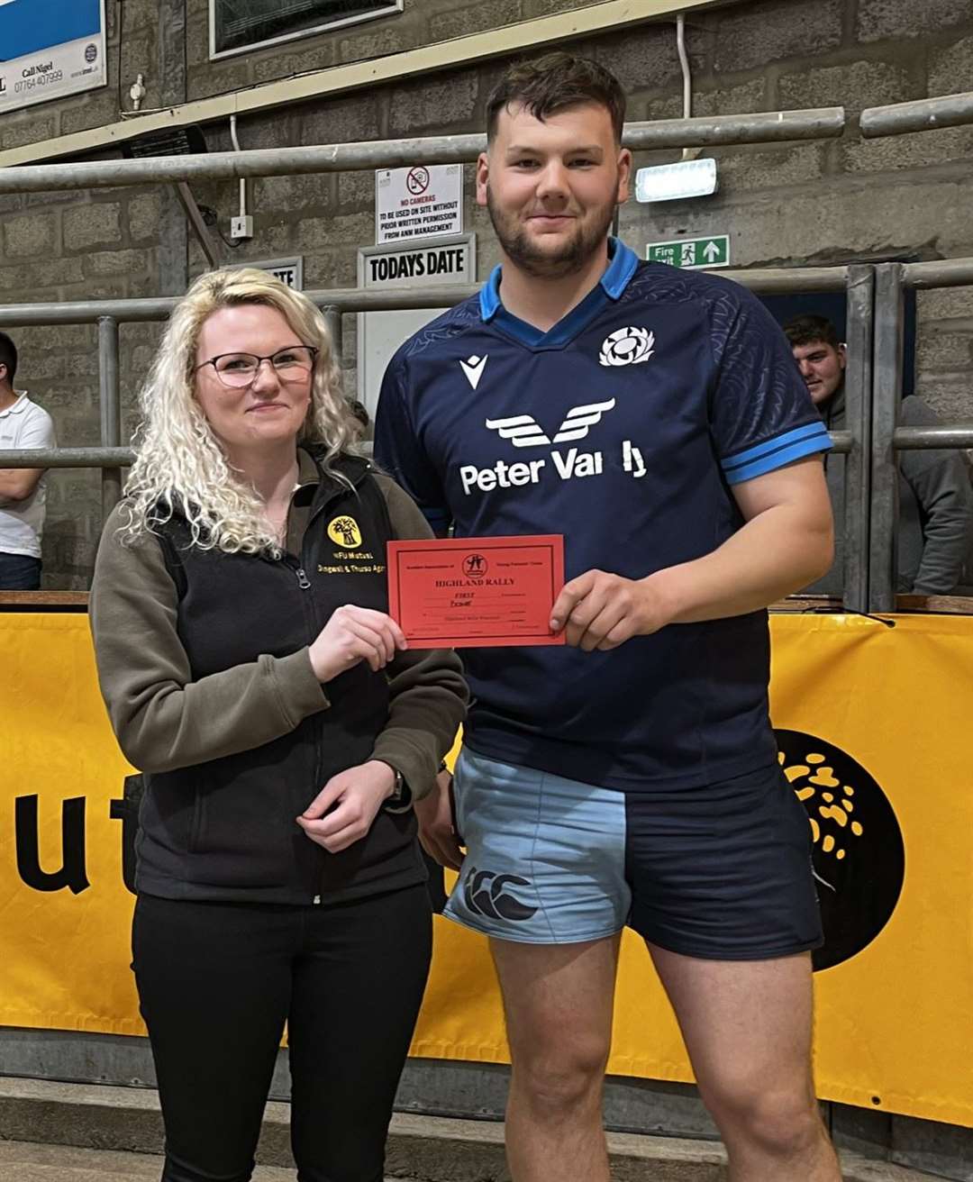 Practical winners, Bower young farmers Jak Murray with Lynn Sinclair (NFU).
