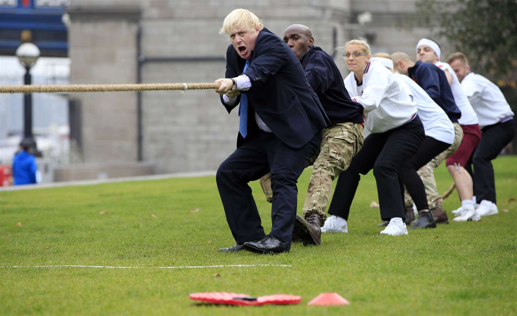 Taking part in a tug of war with personnel from the armed forces at the launch of London Poppy Day (Jonathan Brady/PA)