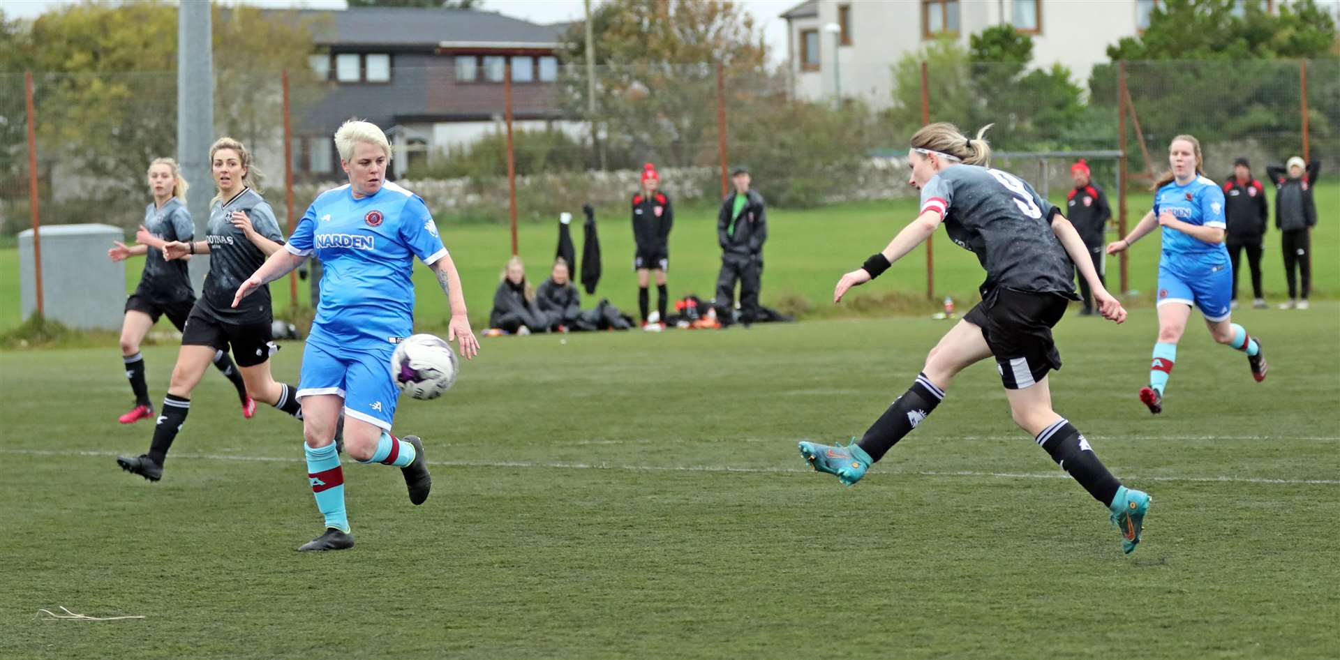 Carly Erridge fires the ball home for Caithness Ladies' sixth goal against Nairn. Picture: James Gunn