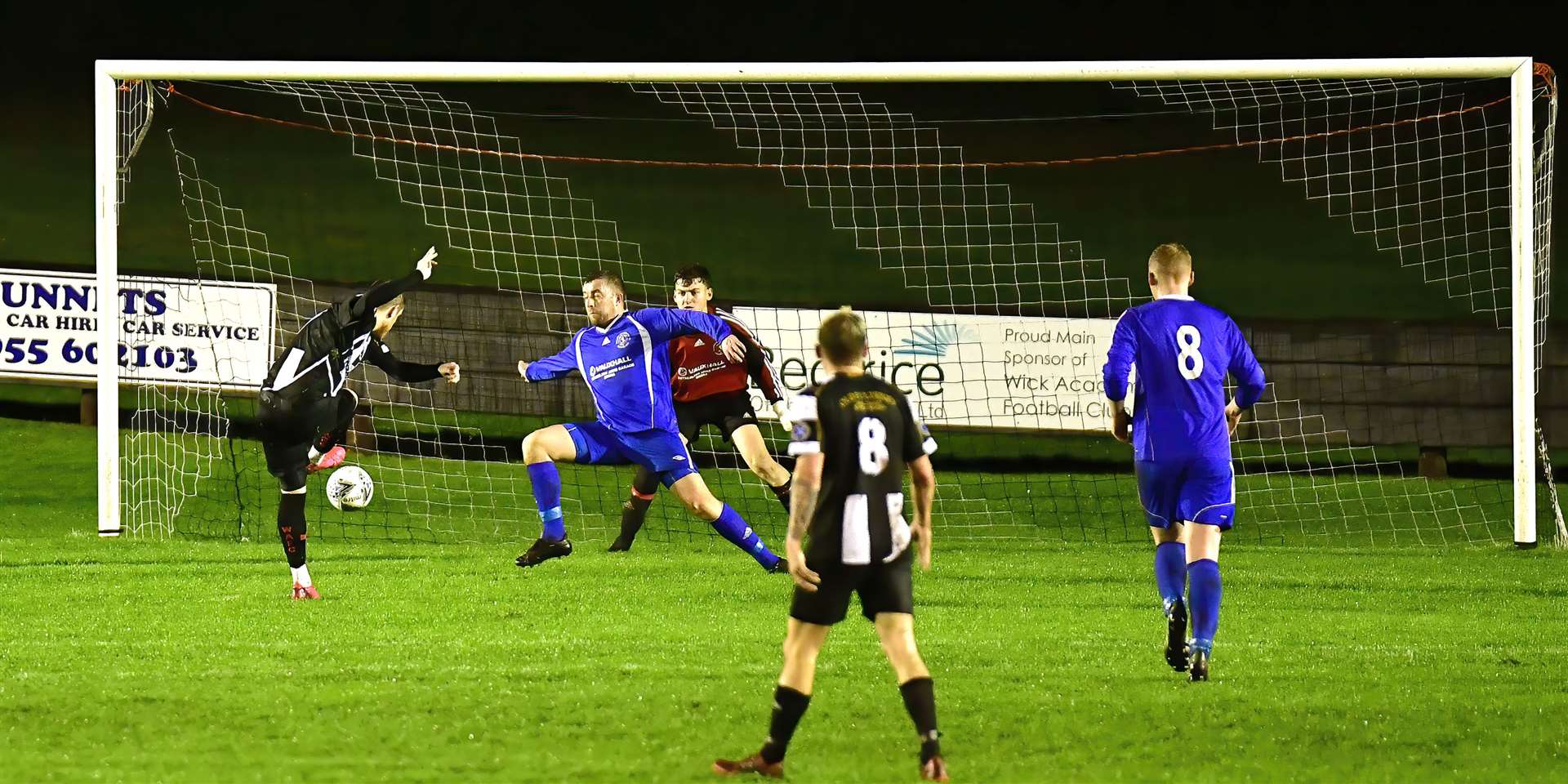 Craig Gunn opens the scoring for Academy in last night's 6-2 victory over Golspie Sutherland at Harmsworth Park. Picture: Mel Roger