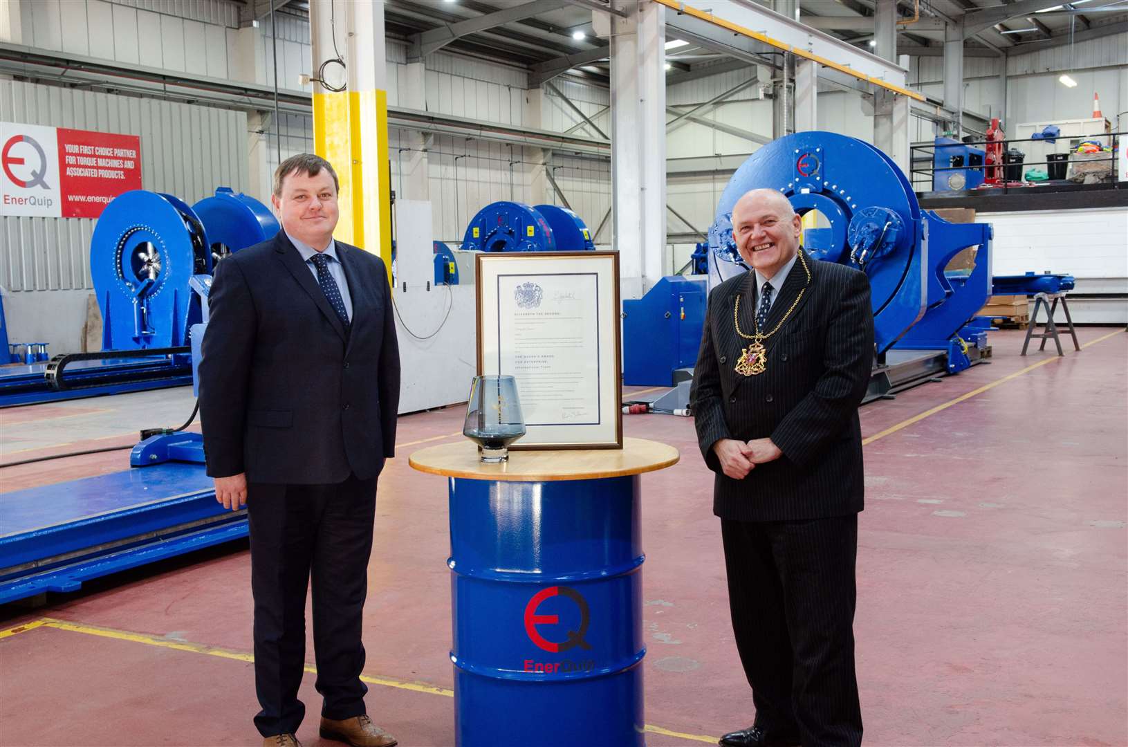 The Lord Provost of Aberdeen, Barney Crockett (right), in his role as Lord-Lieutenant, with EnerQuip chairman Andrew Polson.