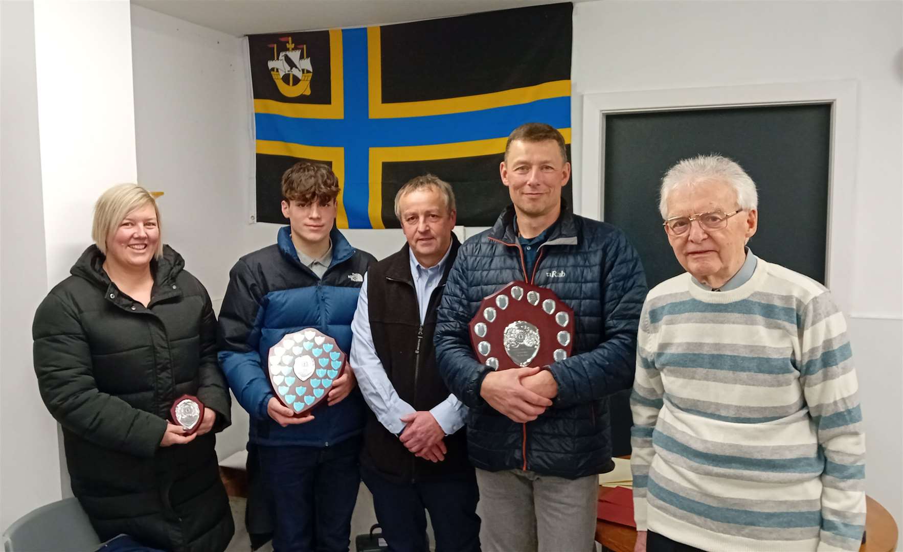 Four of last year’s award winners with Bill Robertson (right), chairman of the Caithness Sports Council. From left: Laura Durrand, sportswoman of the year; Tom Armitage, junior sportsperson of the year; Ken Nicol, Caithness service to sport award; and Mark Mackay, sportsman of the year. Picture: Willie Mackay