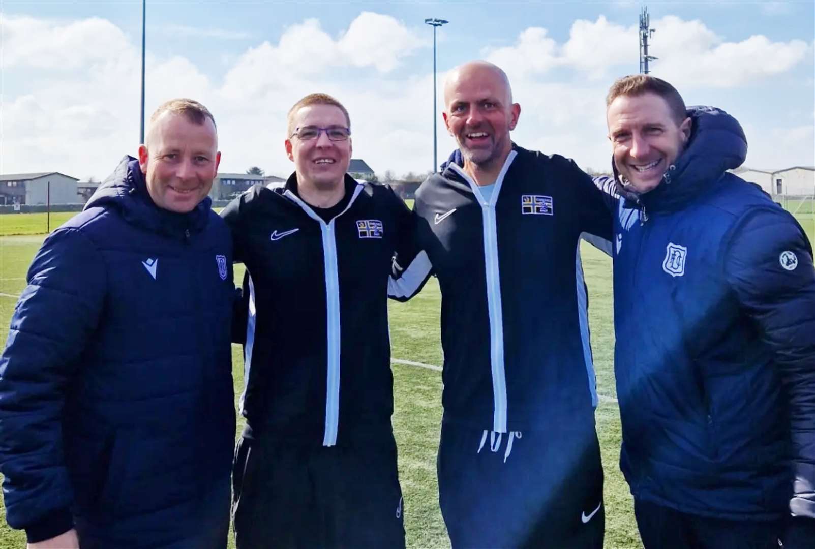 Thurso Football Academy's head of coaching Alyn Gunn (second from left) and development officer Richie Campbell with Stephen Wright (left) and Grégory Vignal (right).