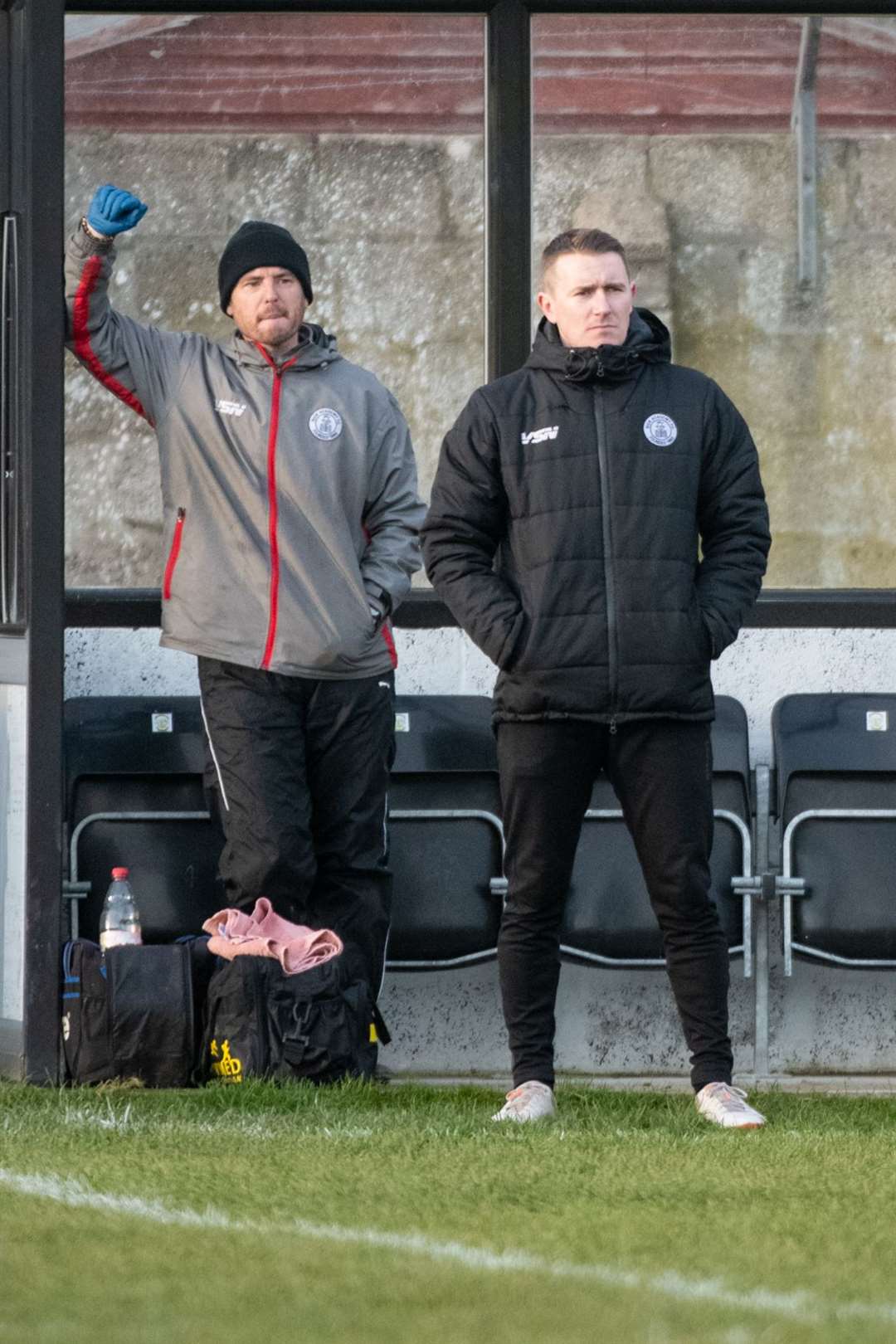 Wick Academy manager Gary Manson with his assistant Gordon McDonald (left). Manson bemoaned a lack of aggression and intensity by the team in Saturday's heavy defeat to Banks O' Dee. Picture: Callum Mackay