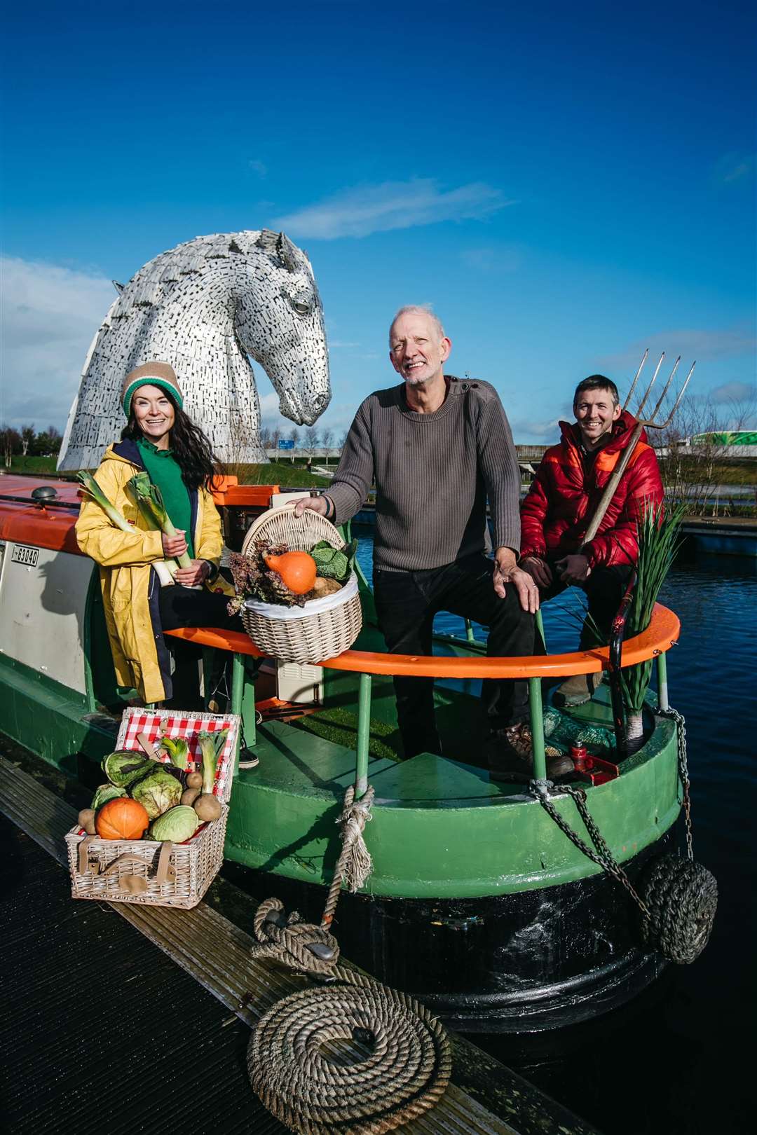 Events manager Yvonne Kincaid along with festivals and events director Neil Butler (centre) and Iain Withers, creative producer on the Marigold Sunrise canal boat, in front of the Kelpies in Falkirk.