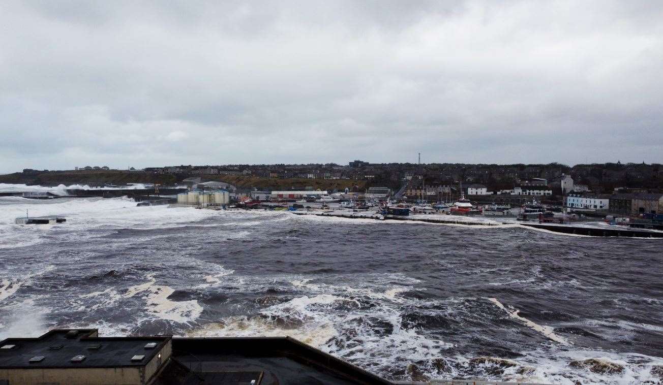 Stormy conditions and high tide in Wick on Sunday. Picture: Willie Watt