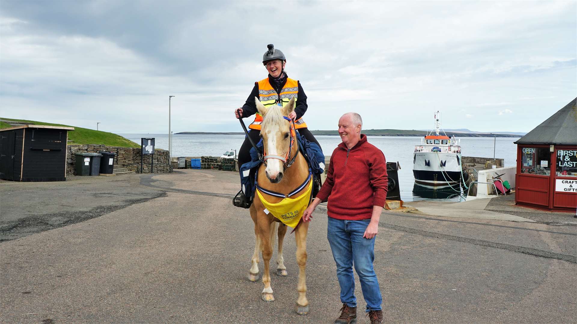 Kate on her beloved six-year-old palomino, Marilyn, and her husband Steve who is providing support for the first 10 days. Picture: DGS