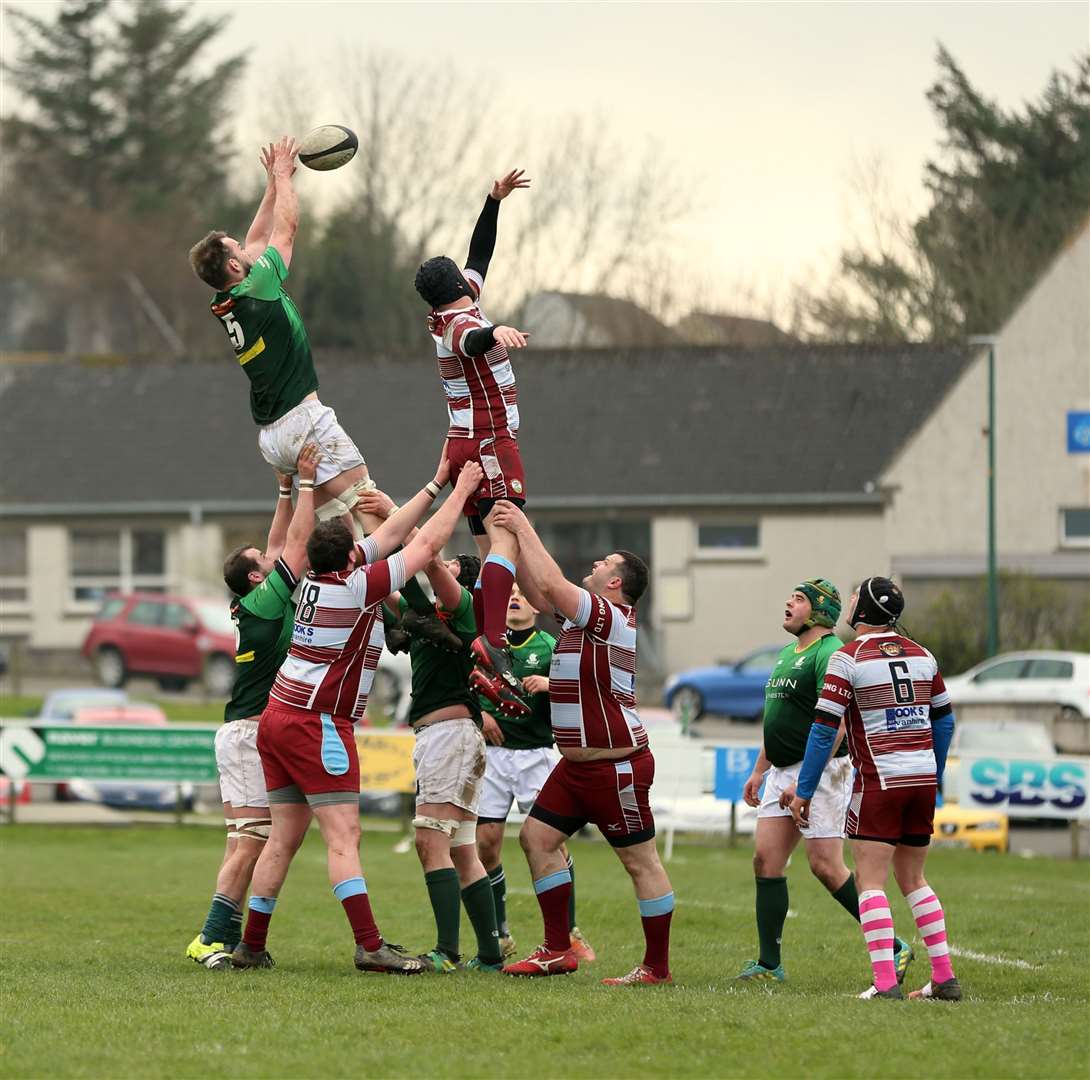 Marc Mackenzie wins a line-out throw for the Greens against St Boswells. Picture: James Gunn