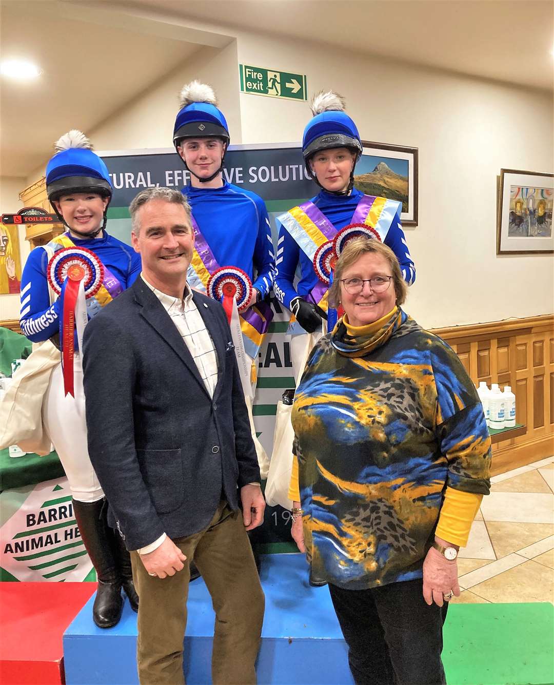From left (rear) Danielle Sinclair, Liam Mackenzie and Erin Hewitson, with (front) Pony Club CEO Marcus Capel and Clare Valori, vice-chairperson.